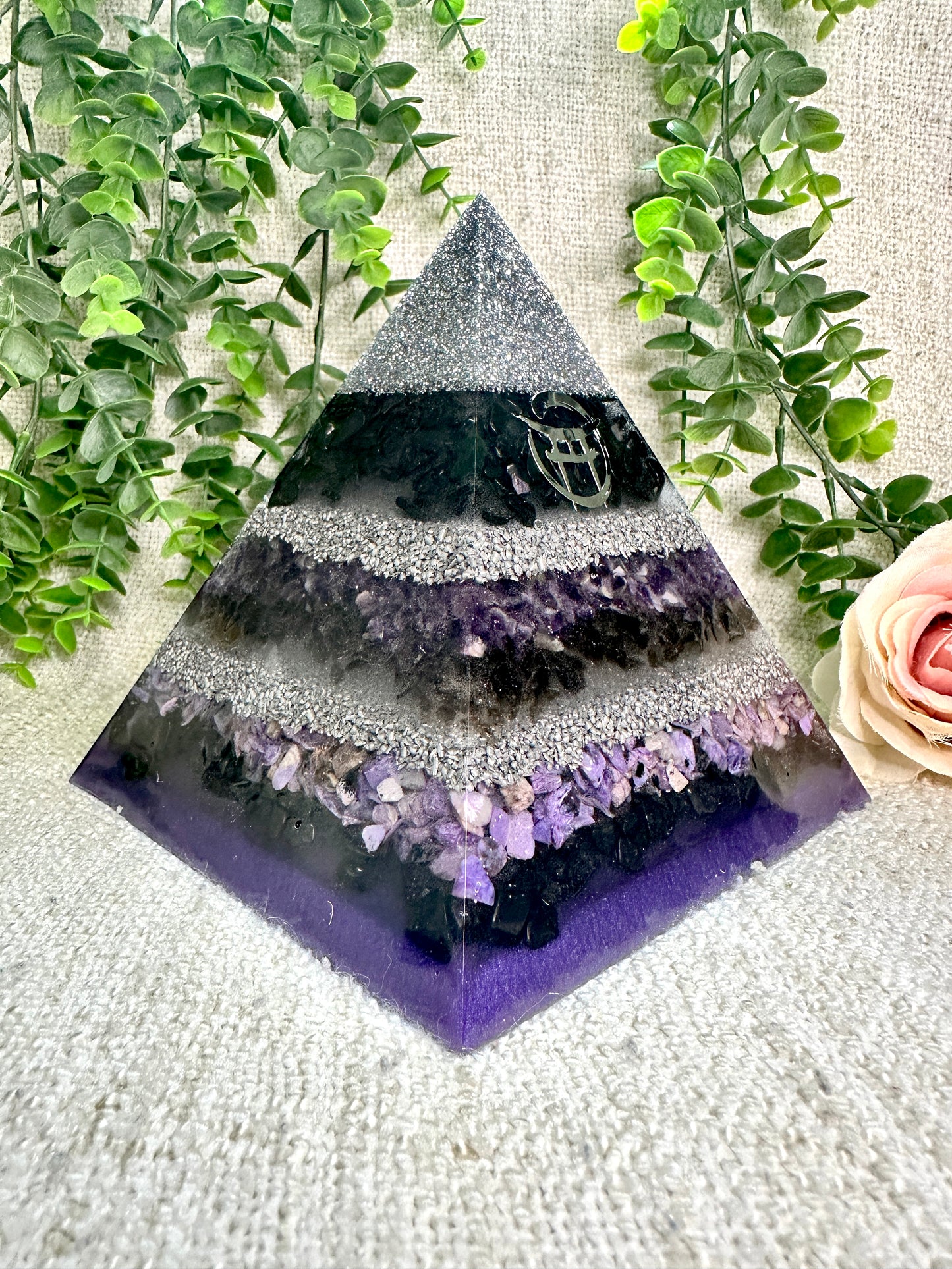 BEYOND MYSTIC Special Edition Pyramid! - Orgonite Pyramid - EMF Protector - Shungite, Amethyst, Smoky Quartz, Charoite with Aluminum and White Brass Metals.