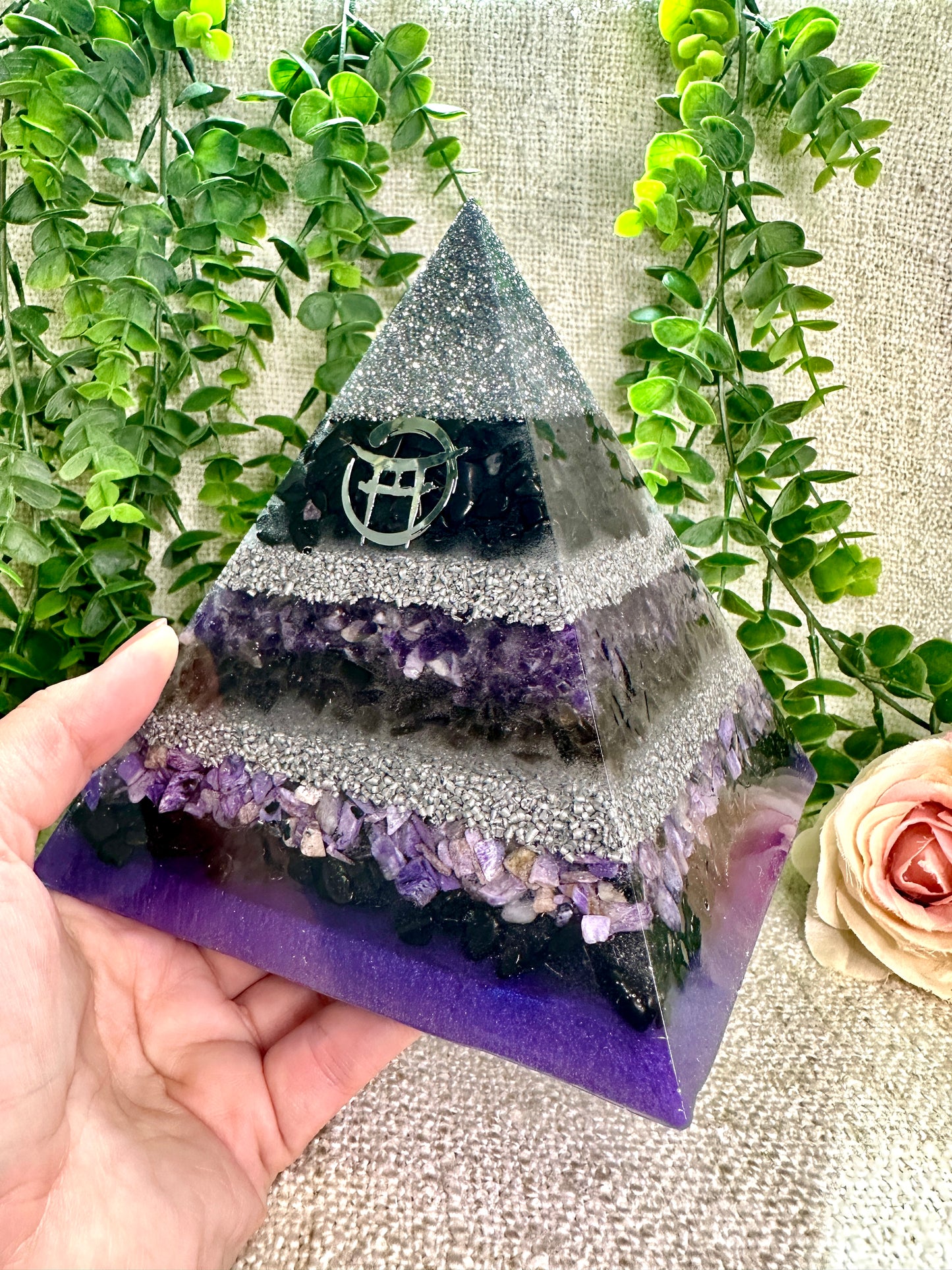 BEYOND MYSTIC Special Edition Pyramid! - Orgonite Pyramid - EMF Protector - Shungite, Amethyst, Smoky Quartz, Charoite with Aluminum and White Brass Metals.