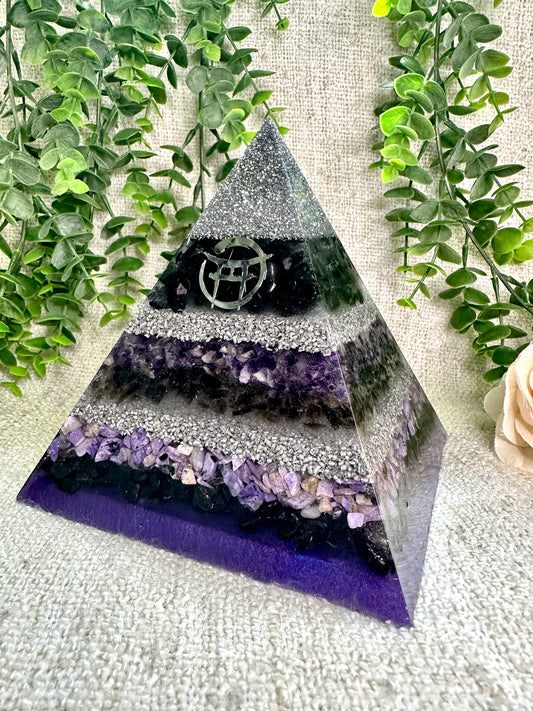BEYOND MYSTIC Special Edition Pyramid! - Orgonite Pyramid - EMF Protector - Shungite, Amethyst, Smoky Quartz, Charoite with Aluminum and White Brass Metals.