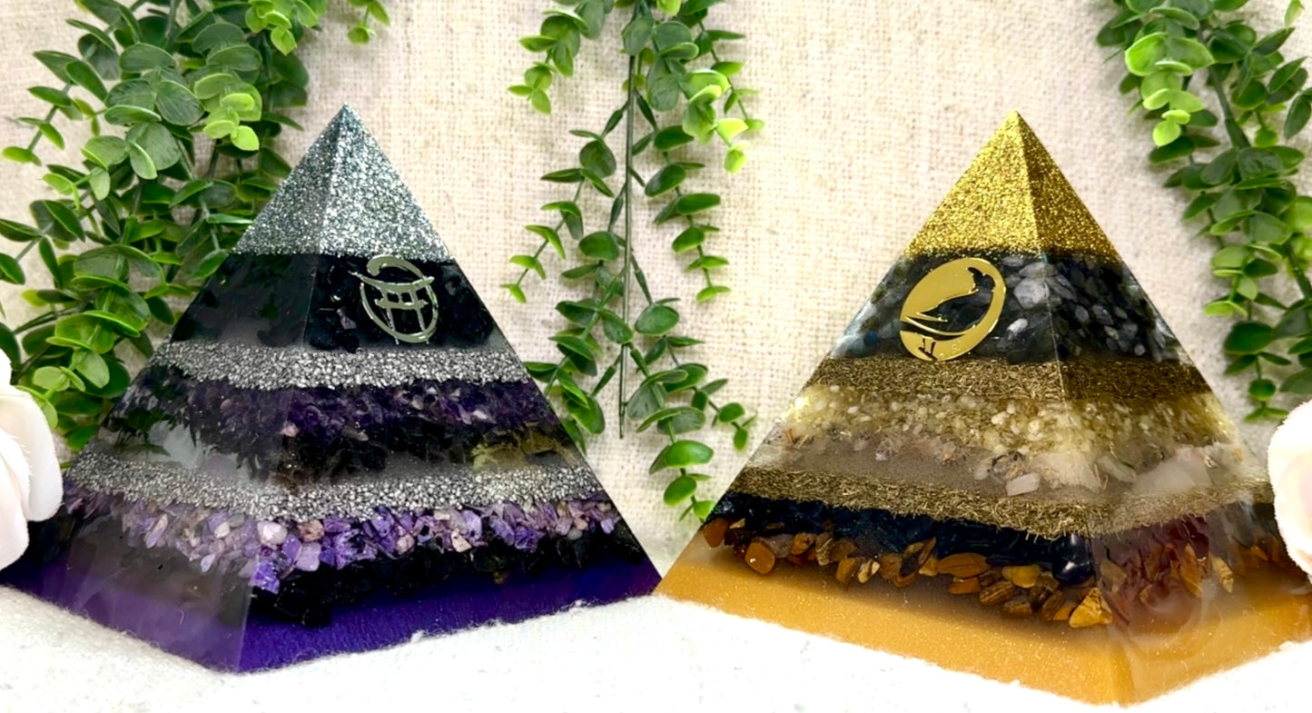 BEYOND MYSTIC Special Edition Pyramid! - Orgonite Pyramid - EMF Protector - Shungite, Amethyst, Smoky Quartz, Charoite with Aluminum and White Brass Metals.