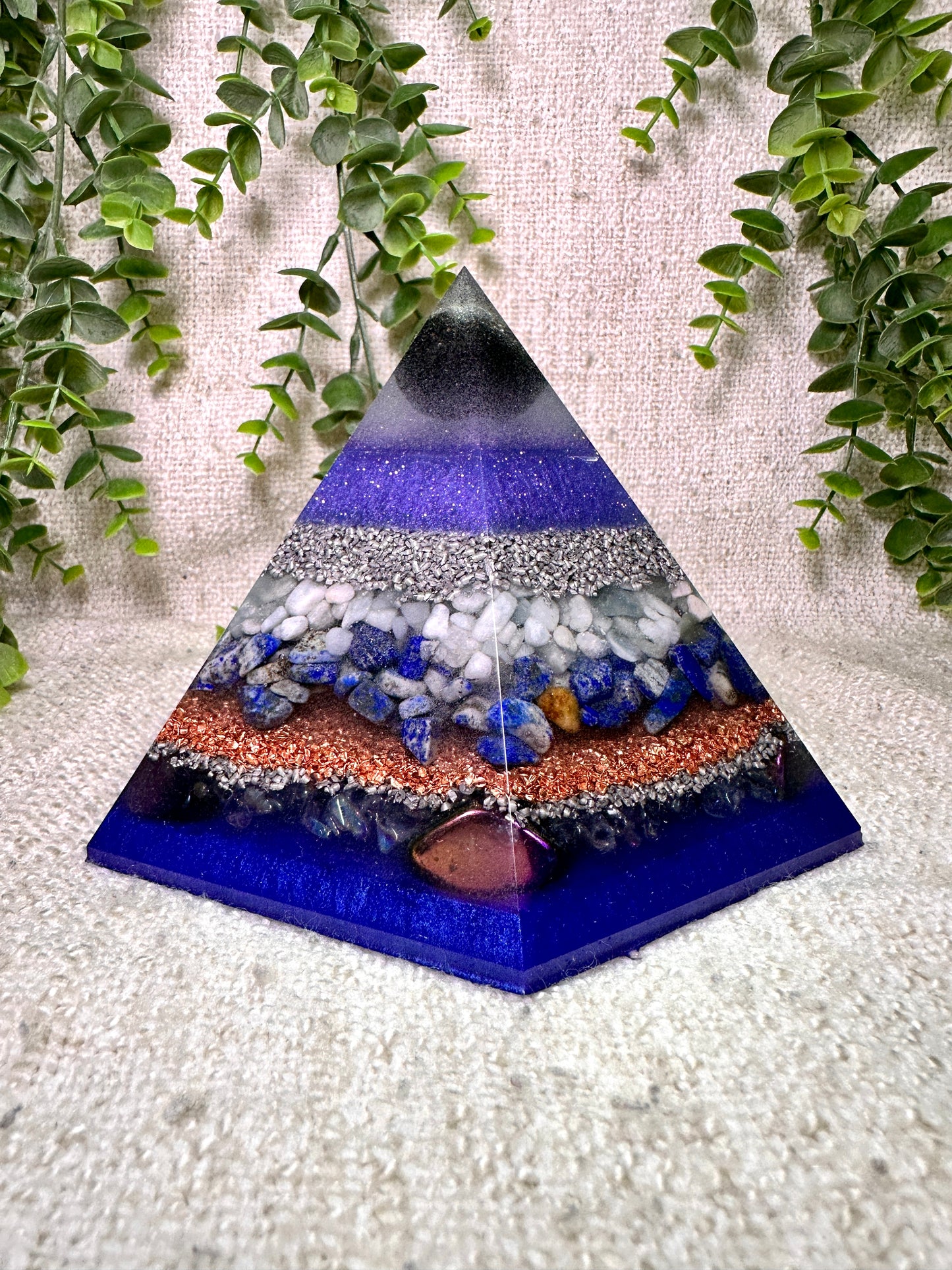 STARSEEDS - Special Edition Hexagonal Pyramid! - EMF Protector - Tektite, Aquamarine, Lapis Lazuli, Aura Quartz and Rainbow Hematite with Aluminum and Copper Metals