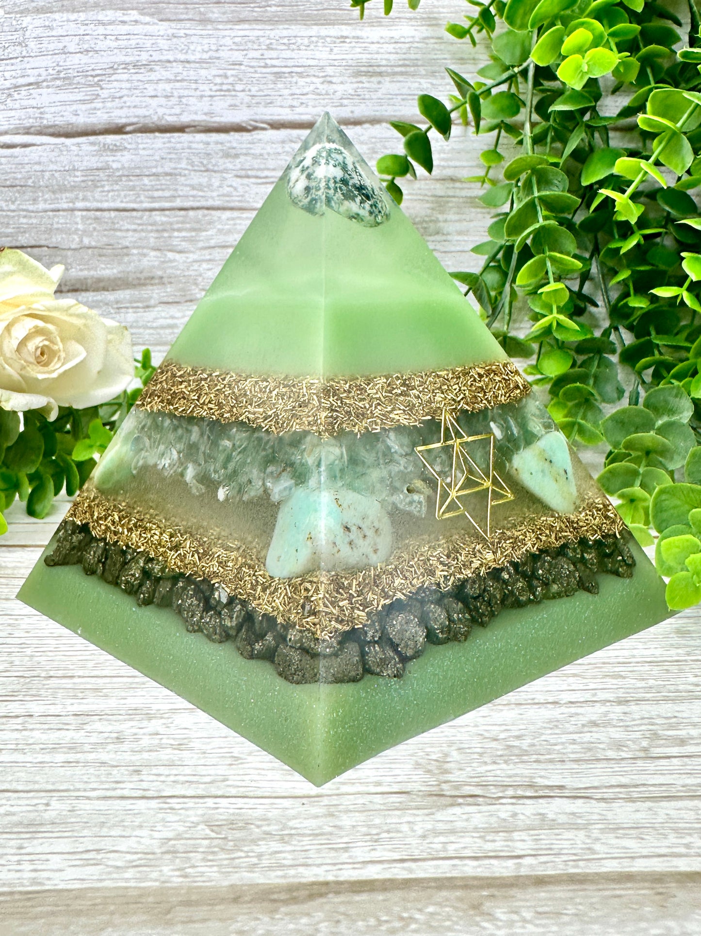 GIA - Orgonite Pyramid - EMF Protector - Tree Agate, Green Fluorite, Chrysoprase, Pyrite and Brass Metals