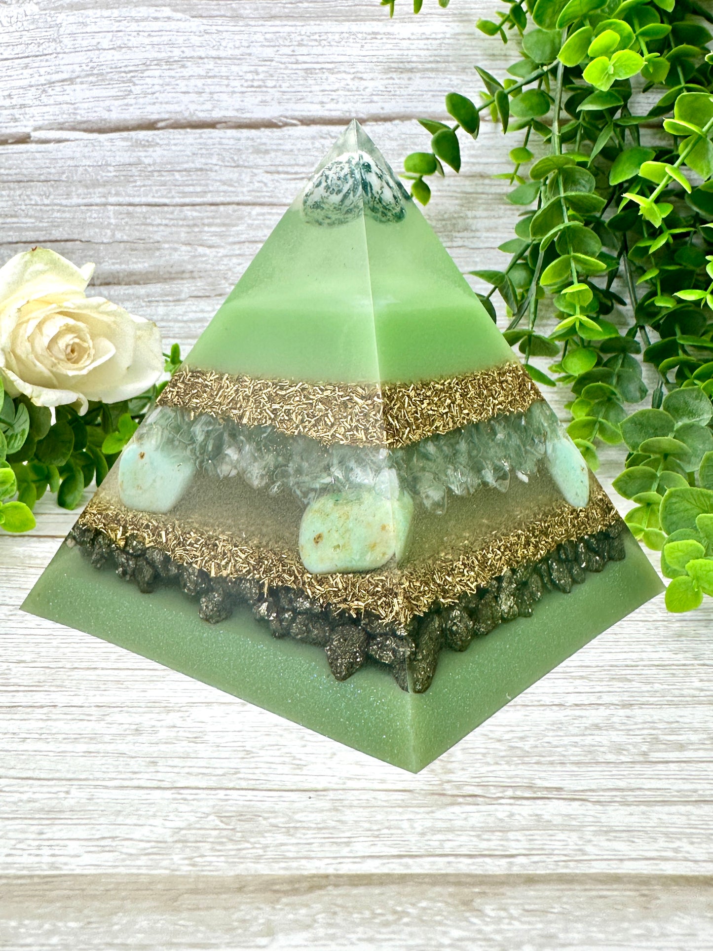 GIA - Orgonite Pyramid - EMF Protector - Tree Agate, Green Fluorite, Chrysoprase, Pyrite and Brass Metals