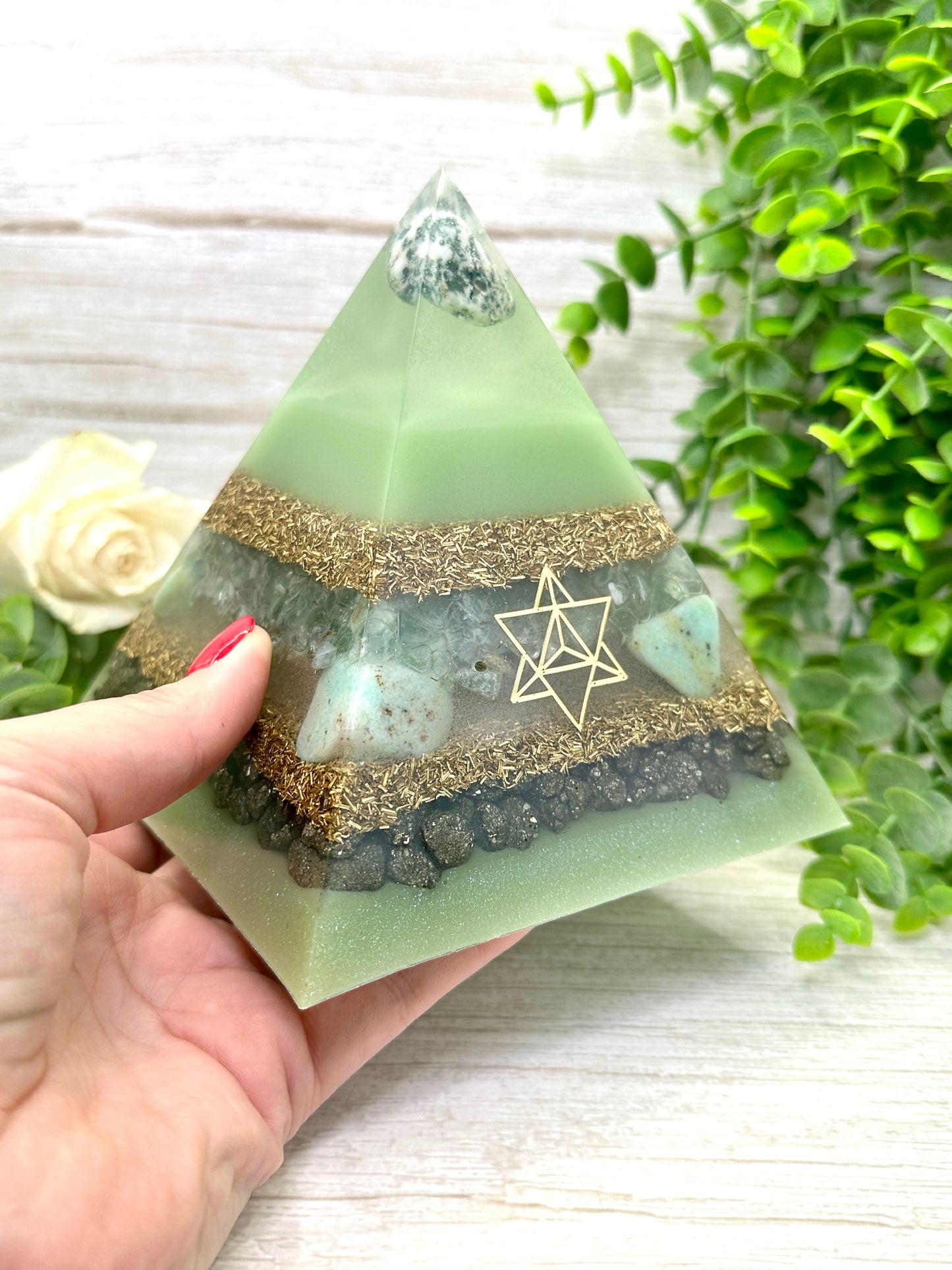 GIA - Orgonite Pyramid - EMF Protector - Tree Agate, Green Fluorite, Chrysoprase, Pyrite and Brass Metals