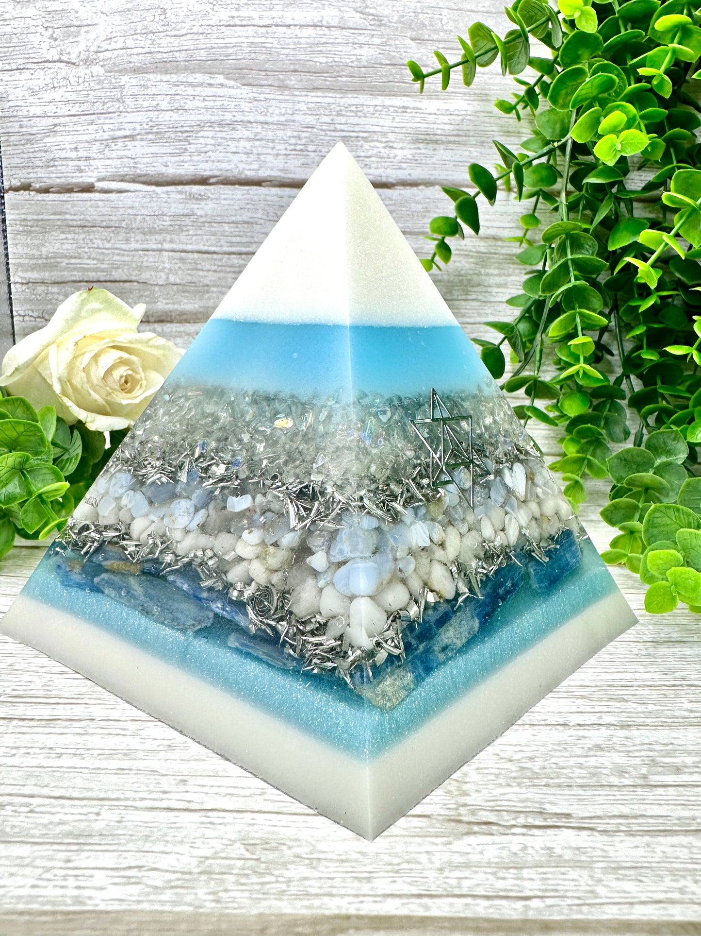 CRISTINA - Orgonite Pyramid - EMF Protector - Opalite, Blue Lage Agate, White Milky Quartz, Blue Kyanite and Aluminum Metals
