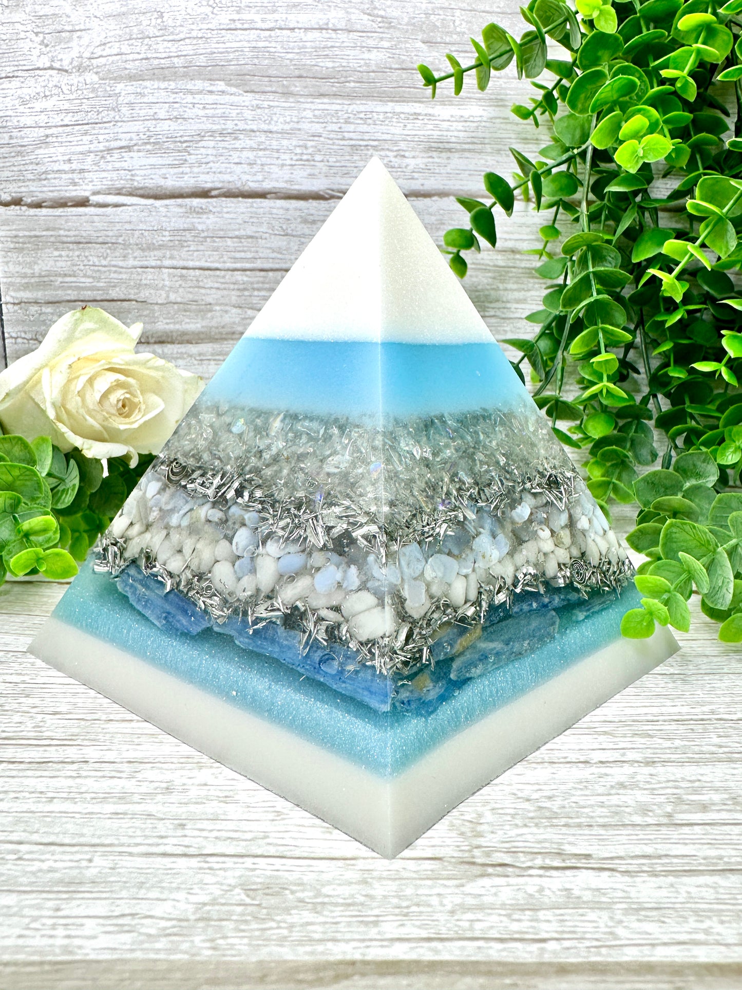 CRISTINA - Orgonite Pyramid - EMF Protector - Opalite, Blue Lage Agate, White Milky Quartz, Blue Kyanite and Aluminum Metals