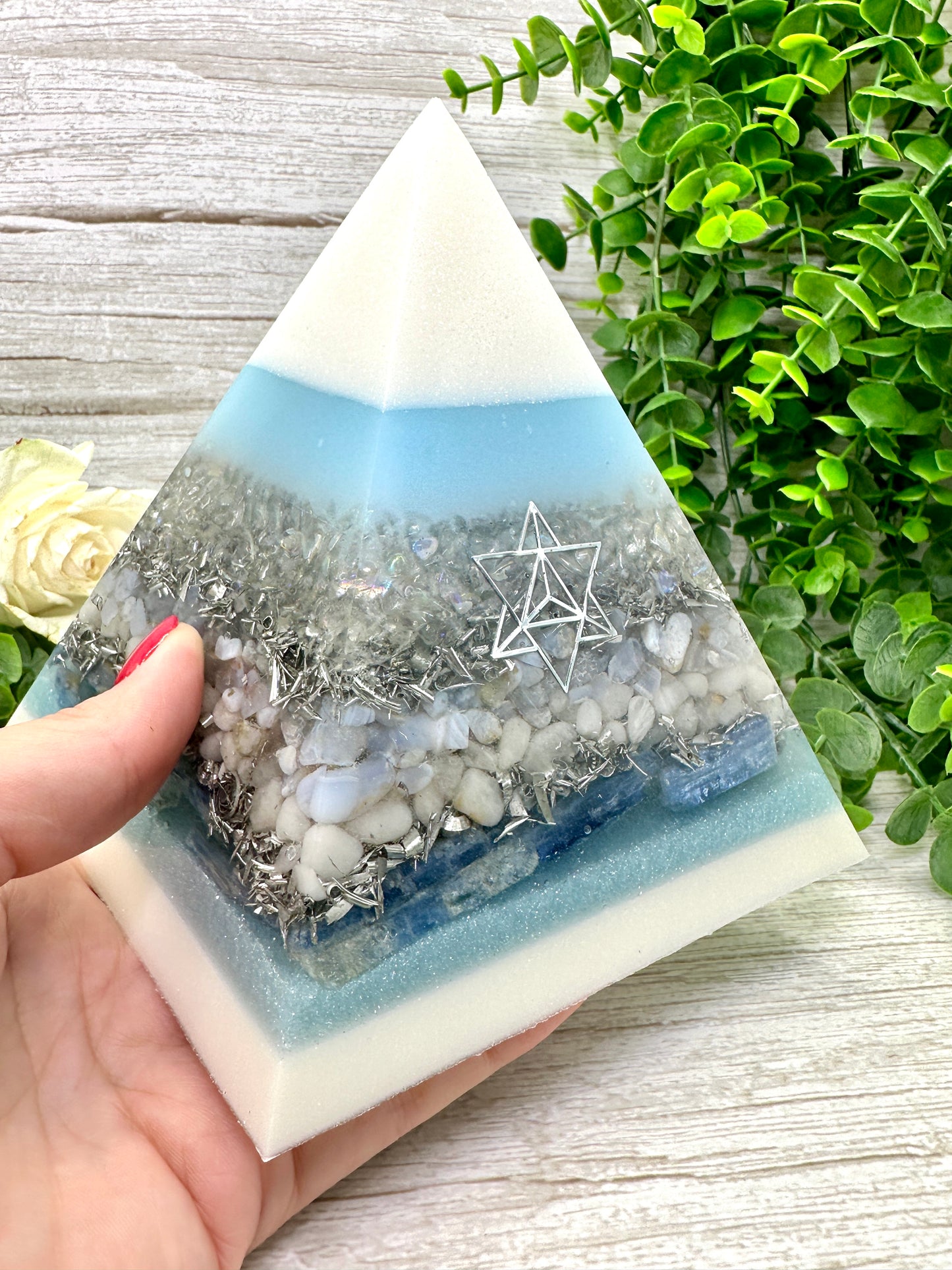 CRISTINA - Orgonite Pyramid - EMF Protector - Opalite, Blue Lage Agate, White Milky Quartz, Blue Kyanite and Aluminum Metals