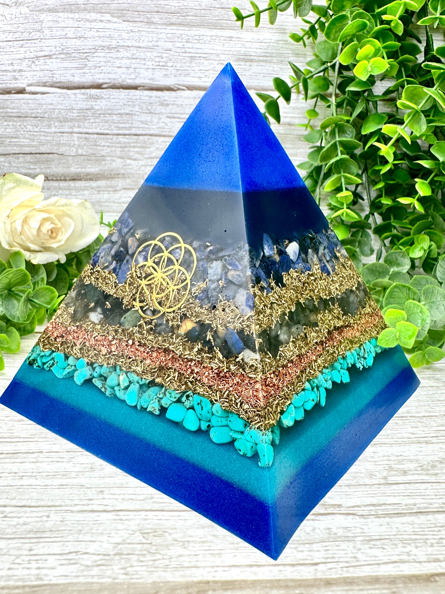 SAMANTHA - Orgonite Pyramid - EMF Protector - Sodalite, Labradorite, Turquoise and Brass Metals