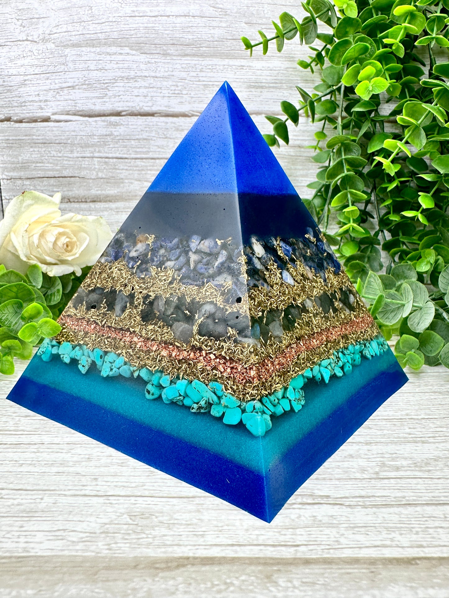 SAMANTHA - Orgonite Pyramid - EMF Protector - Sodalite, Labradorite, Turquoise and Brass Metals
