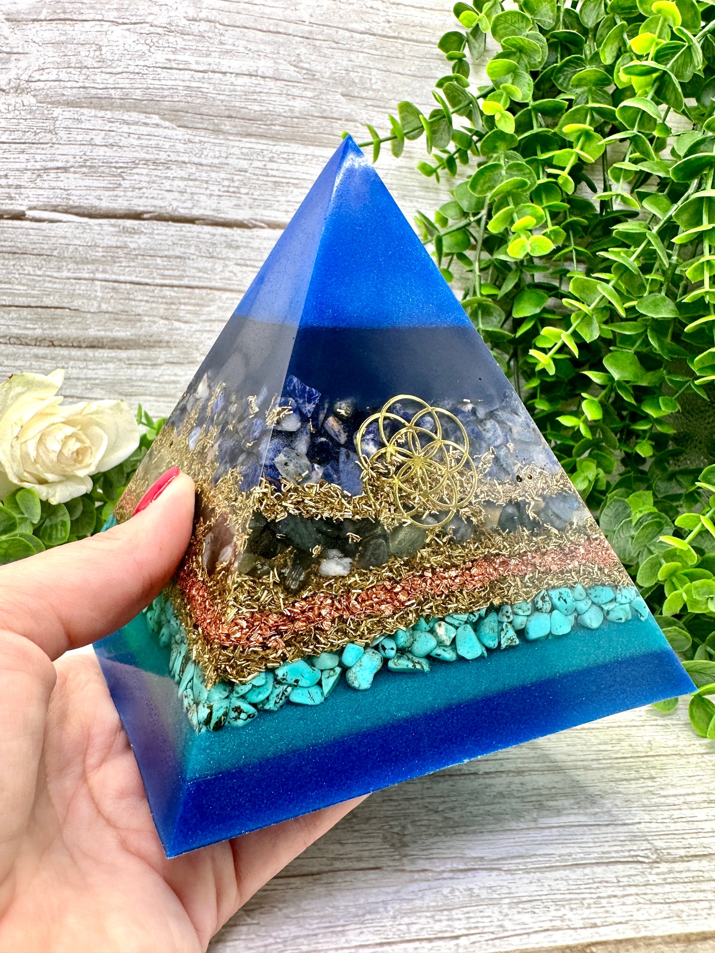 SAMANTHA - Orgonite Pyramid - EMF Protector - Sodalite, Labradorite, Turquoise and Brass Metals