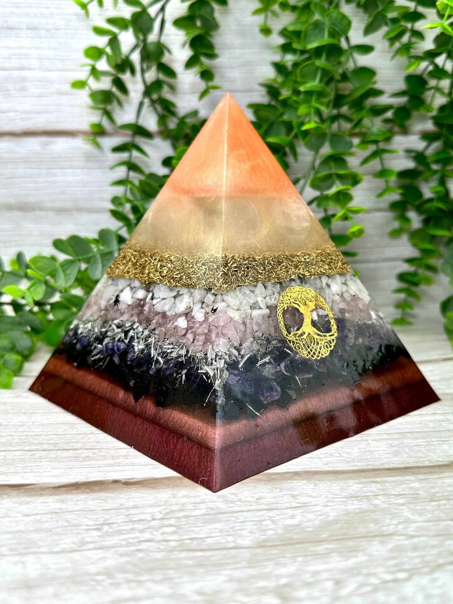 MOTHER'S DAY Special Edition Pyramid! - EMF Protector - Selenite, Moonstone, Rose Quartz, Amethyst, Black Tourmaline and Brass with Aluminum Metals