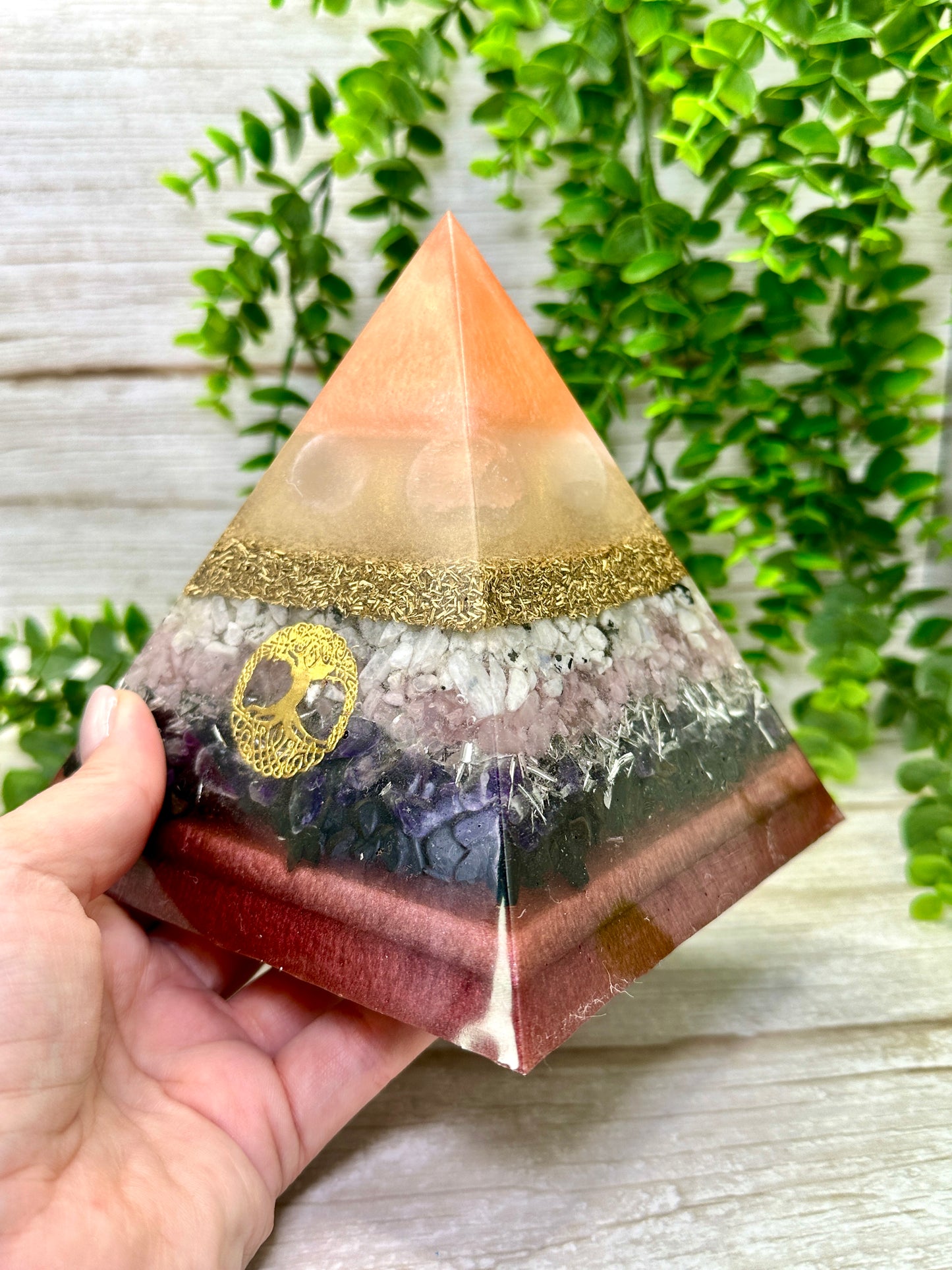 MOTHER'S DAY Special Edition Pyramid! - EMF Protector - Selenite, Moonstone, Rose Quartz, Amethyst, Black Tourmaline and Brass with Aluminum Metals