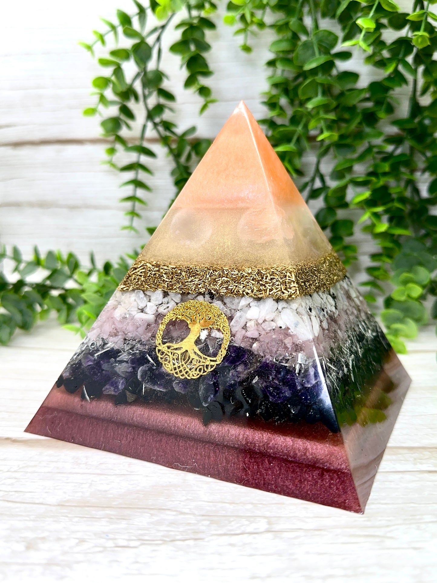 MOTHER'S DAY Special Edition Pyramid! - EMF Protector - Selenite, Moonstone, Rose Quartz, Amethyst, Black Tourmaline and Brass with Aluminum Metals