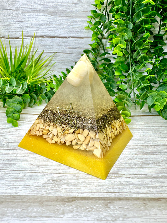 HAPPINESS & JOY - Beginners Series  - Orgonite Pyramid - EMF Protector - Orange Calcite, Yellow Aventurine with Brass Metal
