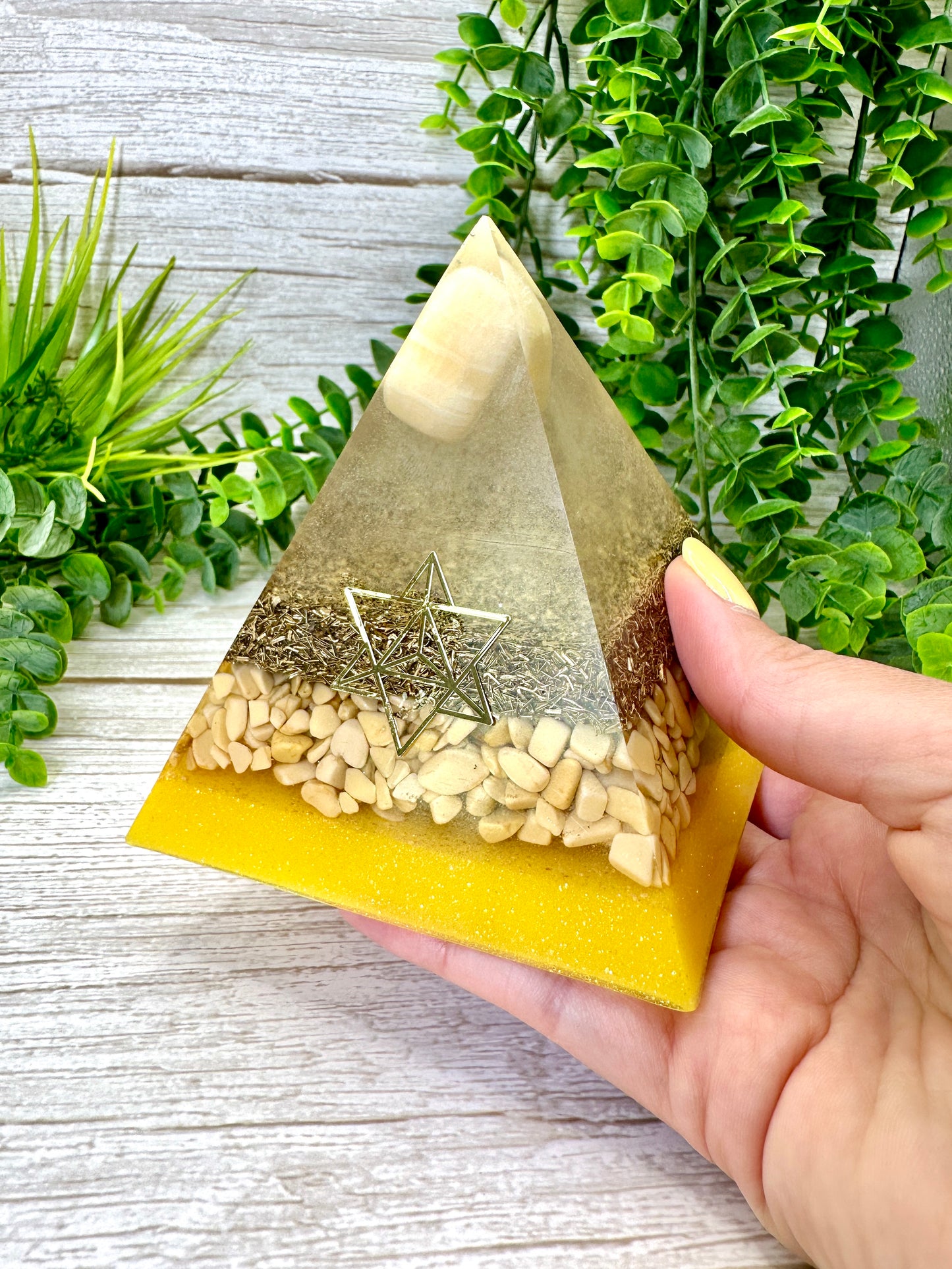 HAPPINESS & JOY - Beginners Series - Orgonite Pyramid - EMF Protector - Orange Calcite, Yellow Aventurine with Brass Metal
