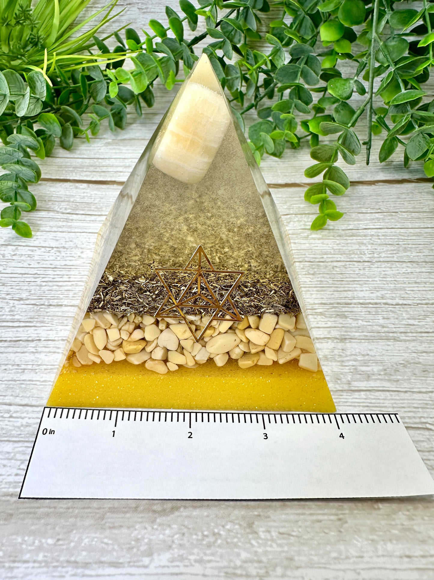 HAPPINESS & JOY - Beginners Series - Orgonite Pyramid - EMF Protector - Orange Calcite, Yellow Aventurine with Brass Metal