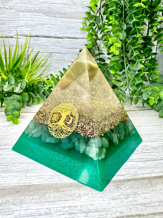 ABUNDANCE - Beginners Series  - Orgonite Pyramid - EMF Protector - Green Opal, Green Aventurine with Brass Metal