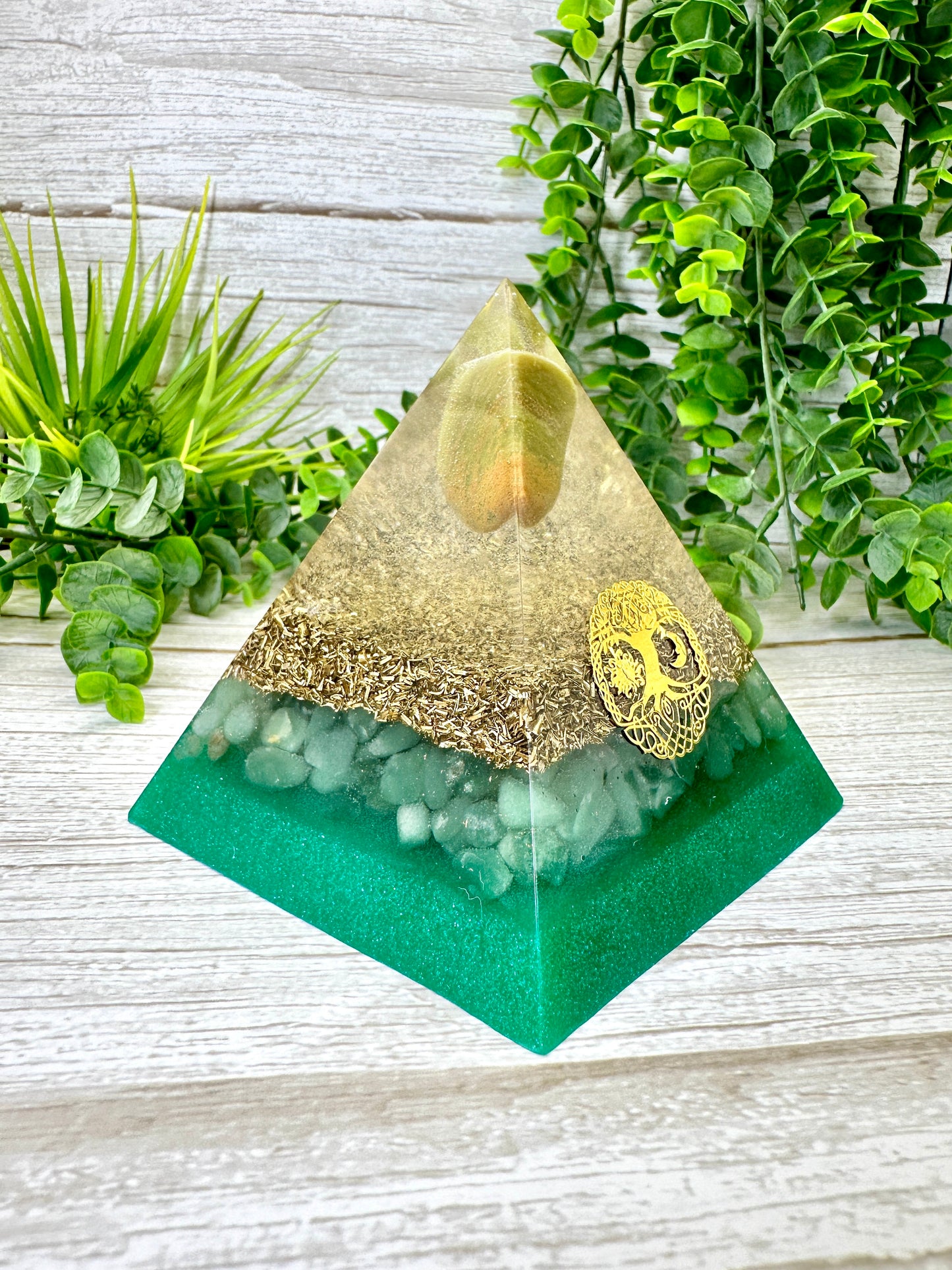 ABUNDANCE - Beginners Series - Orgonite Pyramid - EMF Protector - Green Opal, Green Aventurine with Brass Metal