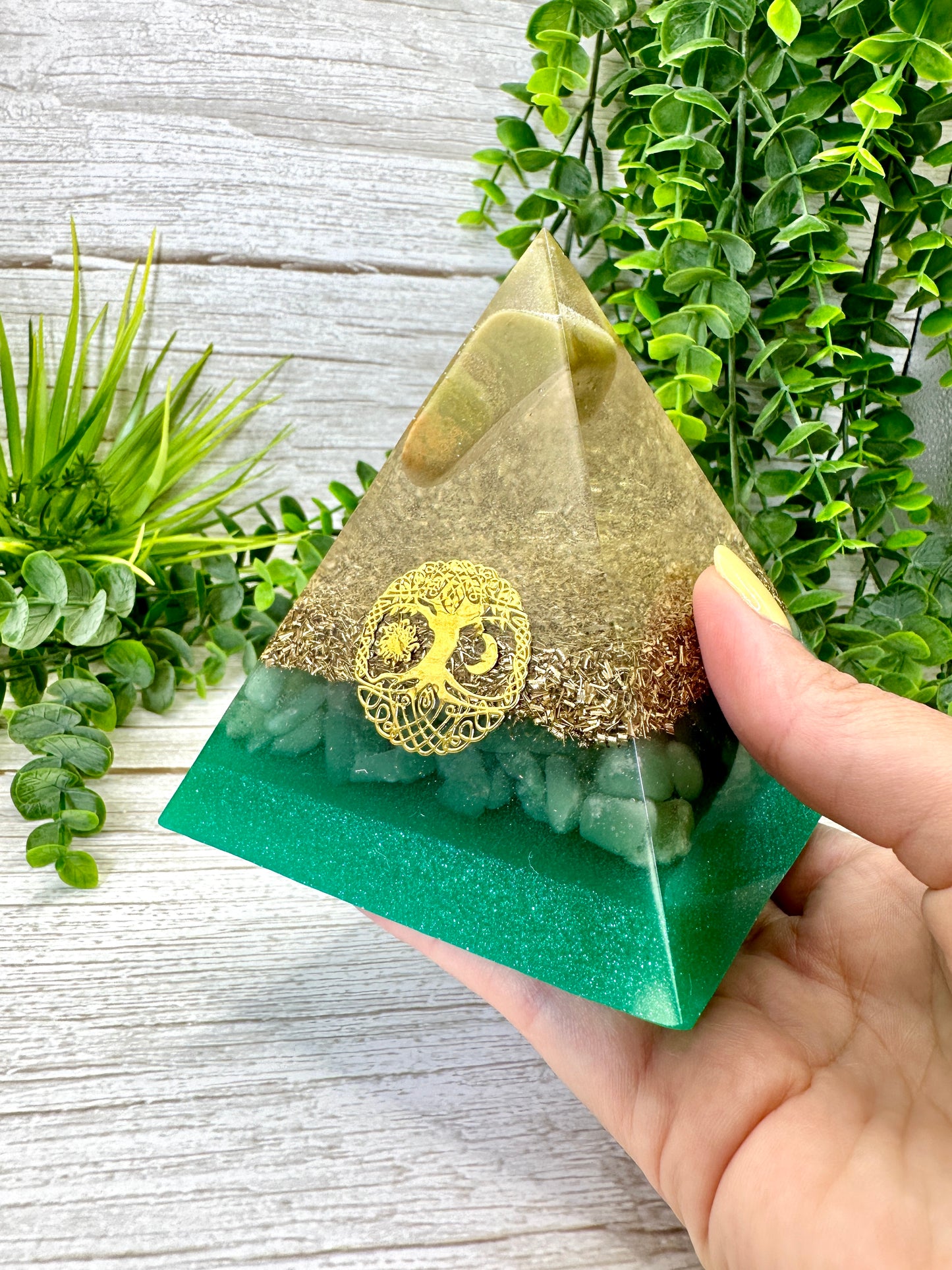 ABUNDANCE - Beginners Series - Orgonite Pyramid - EMF Protector - Green Opal, Green Aventurine with Brass Metal