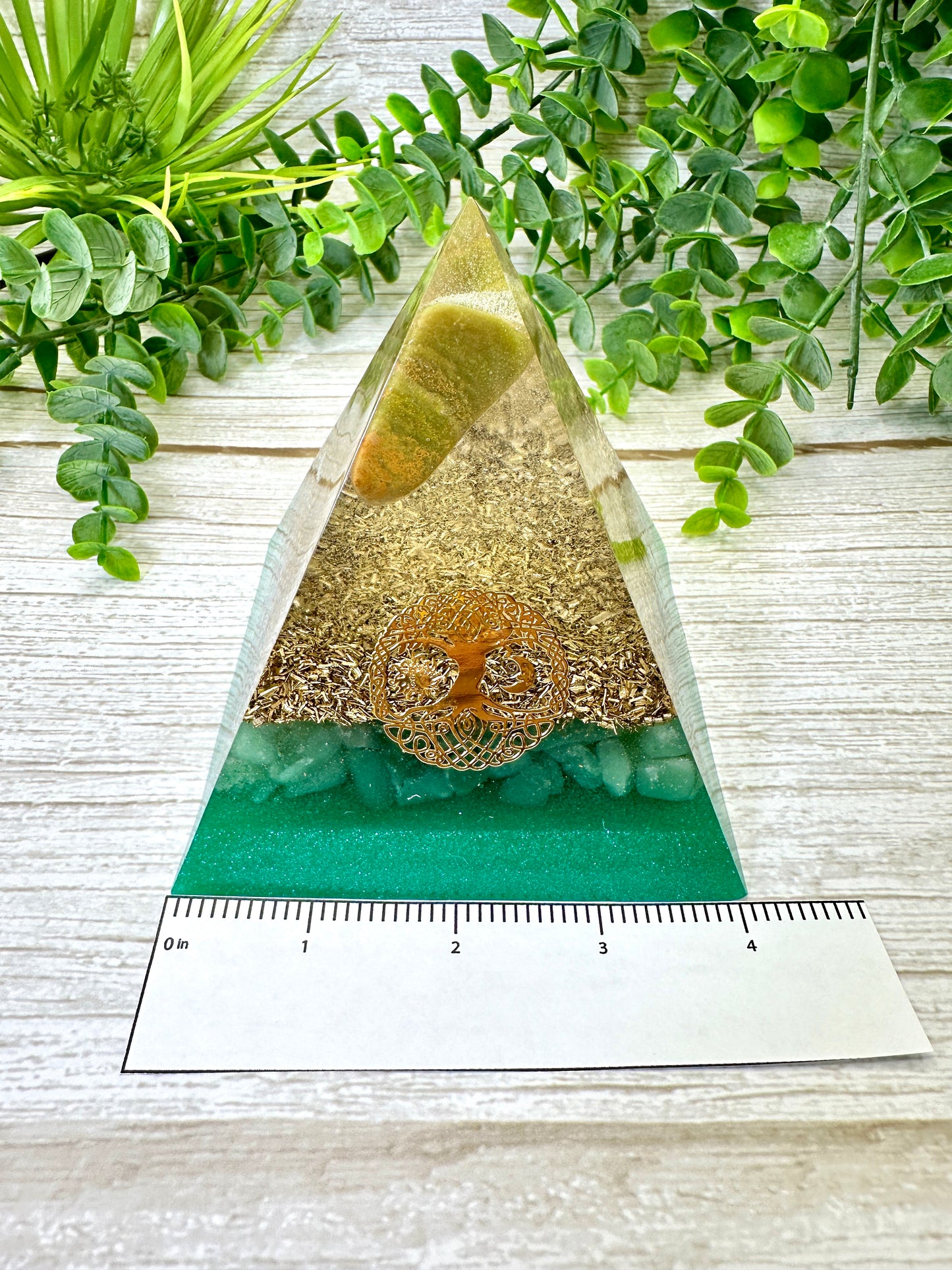 ABUNDANCE - Beginners Series - Orgonite Pyramid - EMF Protector - Green Opal, Green Aventurine with Brass Metal