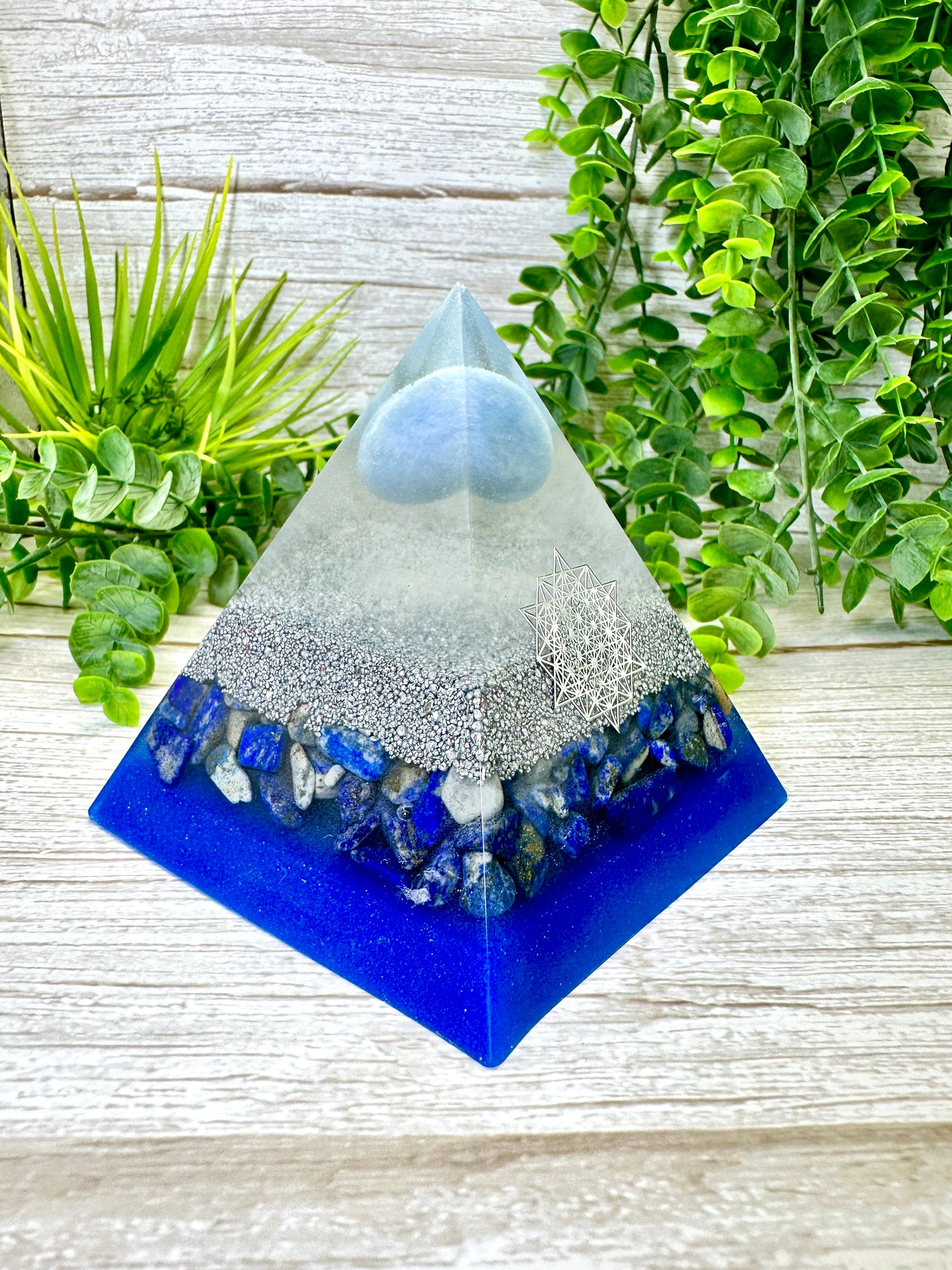WISDOM & FREEDOM - Beginners Series - Orgonite Pyramid - EMF Protector - Angelite, Lapis Lazuli with Aluminum Metal