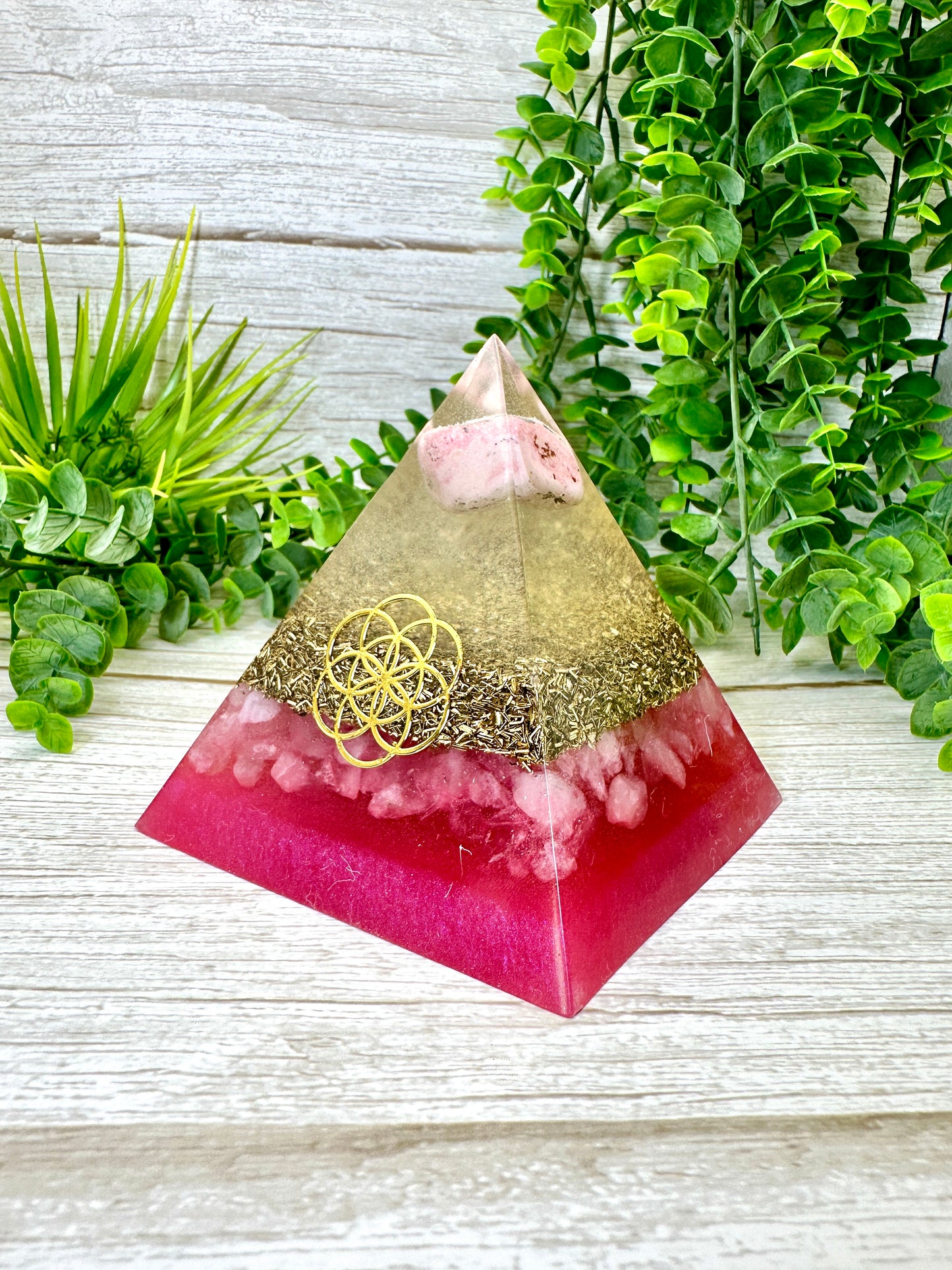 LOVE & ROMANCE - Beginners Series - Orgonite Pyramid - EMF Protector - Rhodonite, Rose Quartz with Brass Metal