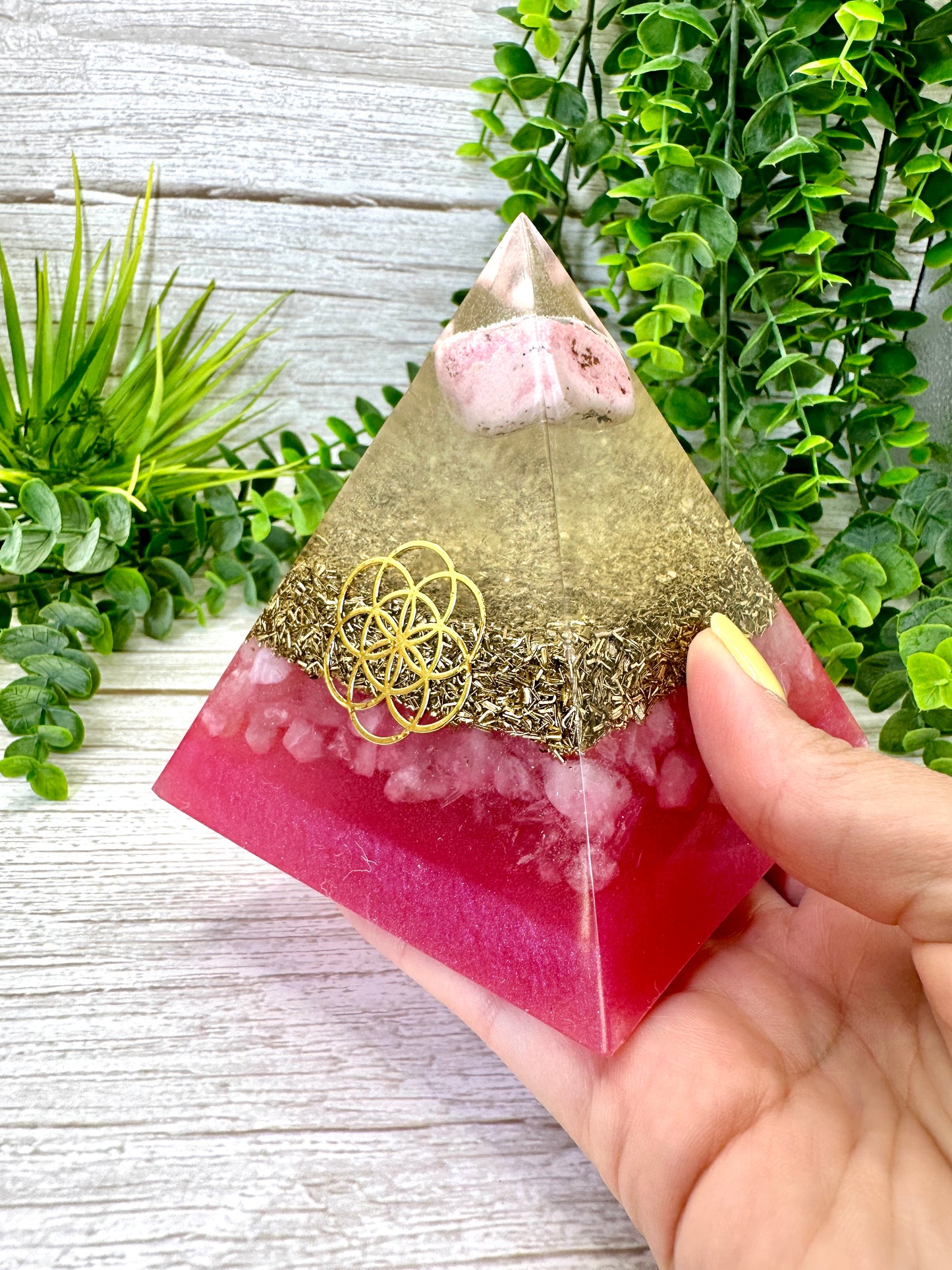 LOVE & ROMANCE - Beginners Series - Orgonite Pyramid - EMF Protector - Rhodonite, Rose Quartz with Brass Metal