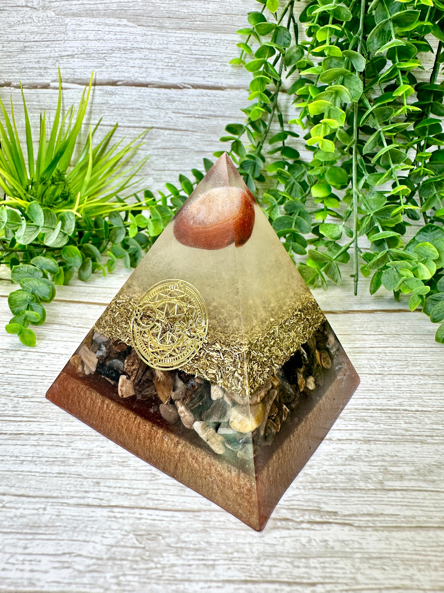 GROUNDING - Beginners Series - Orgonite Pyramid - EMF Protector - Carnelian, Petrified Wood with Brass Metal