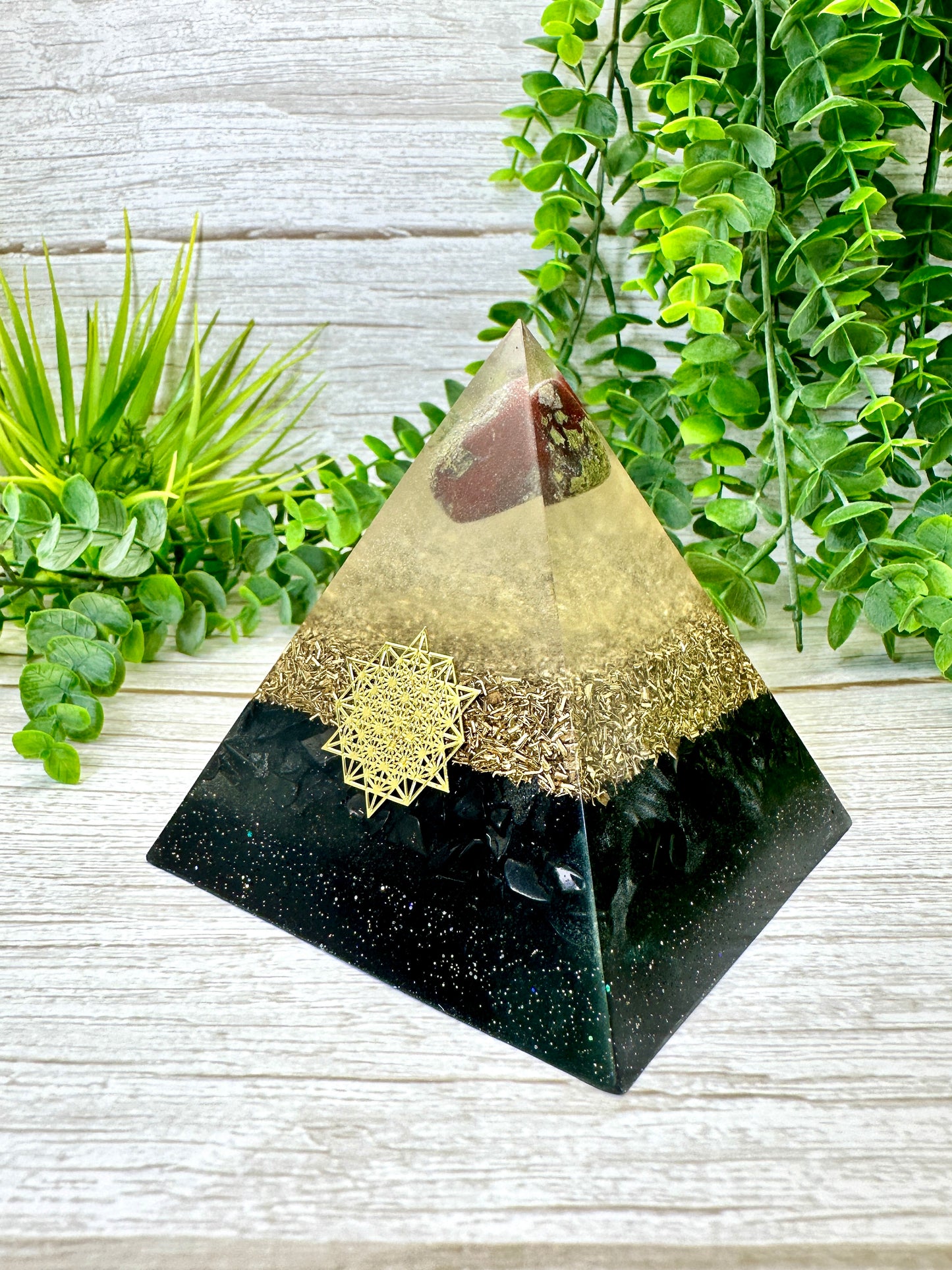 PROTECTION - Beginners Series - Orgonite Pyramid - EMF Protector - Dragon Bloodstone, Shungite with Brass Metal