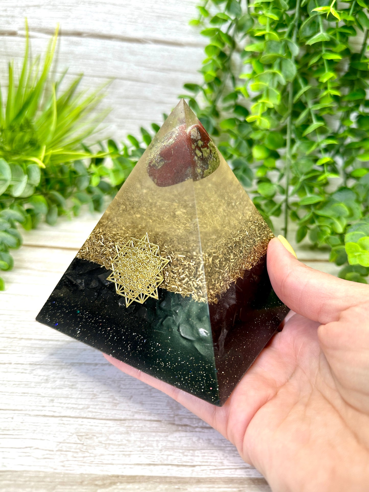 PROTECTION - Beginners Series - Orgonite Pyramid - EMF Protector - Dragon Bloodstone, Shungite with Brass Metal