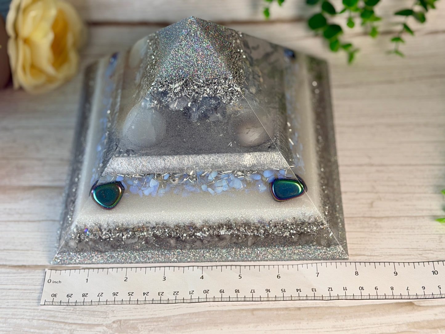 SPIRIT / ETHER - The Elementals Golden Ratio Special Edition Orgonite Pyramid - EMF Protector - Celestite, Selenite, Opalite, Rainbow Hematite, Aura Quartz, Clear Quartz and Aluminum Metals