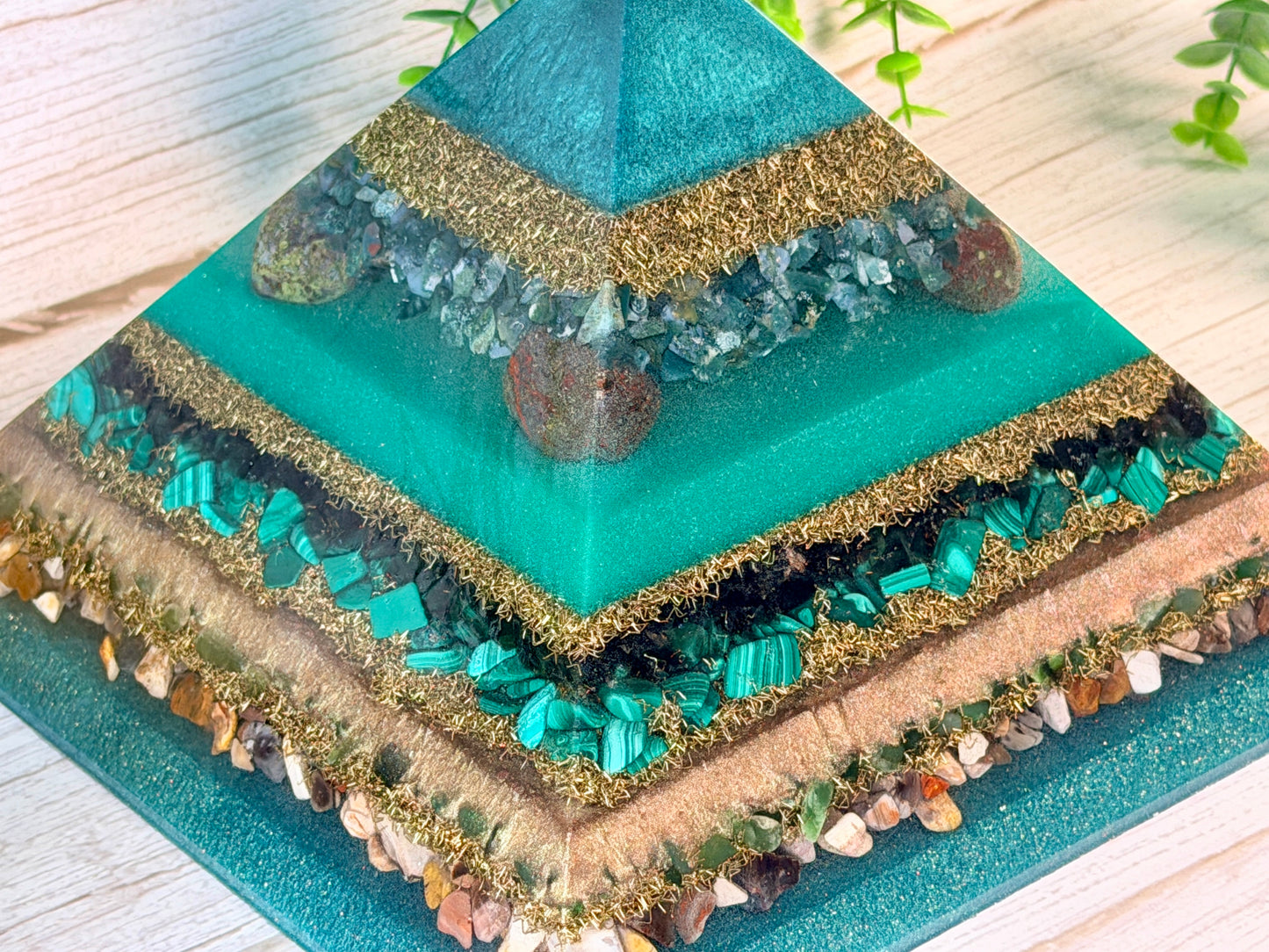 EARTH - The Elementals Golden Ratio Special Edition Orgonite Pyramid - EMF Protector - S Moss Agate, Dragon Bloodstone Jasper, Smoky Quartz, Malachite, Green Jade and Petrified Wood with Brass Metals