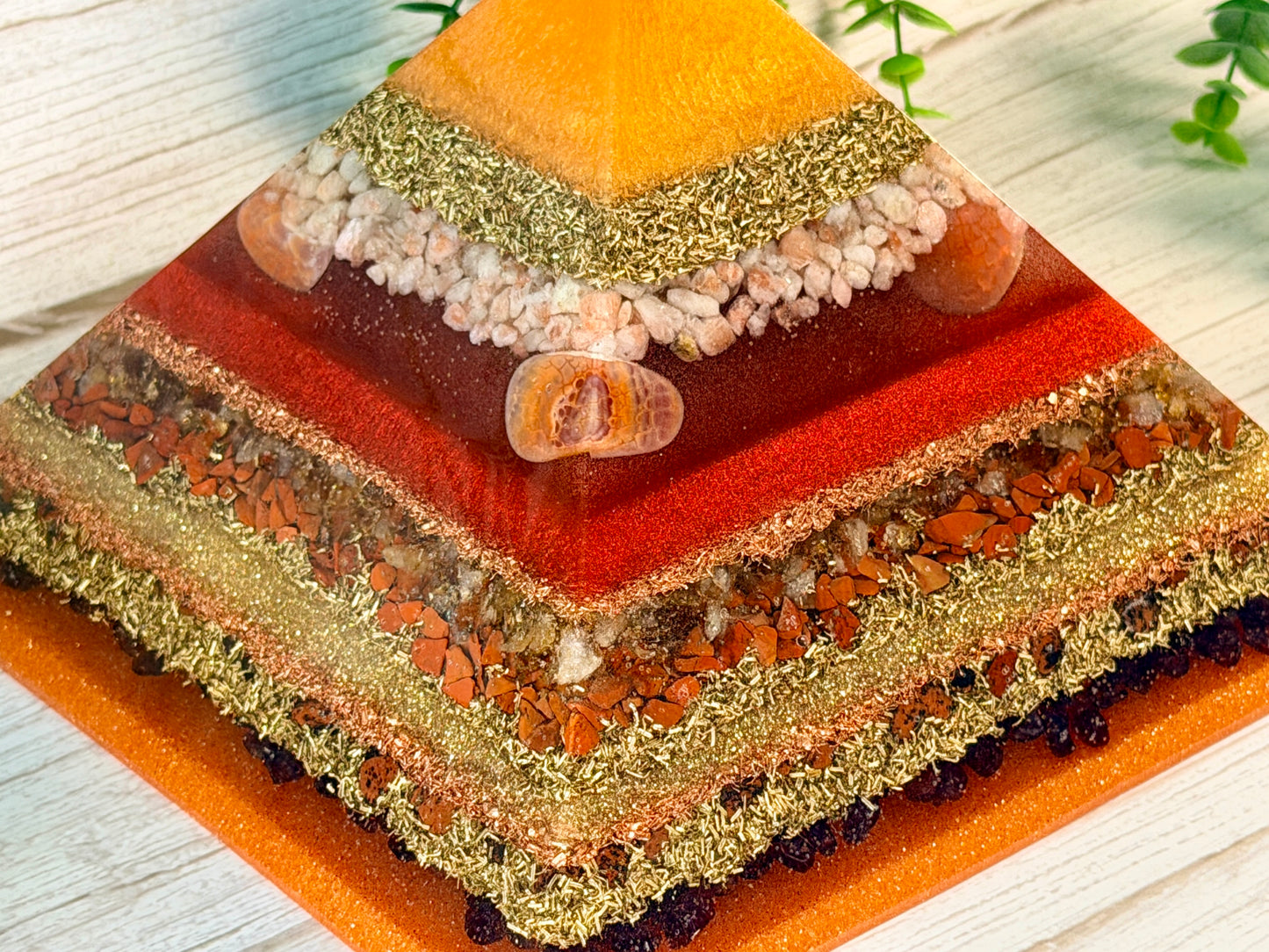 FIRE - The Elementals Golden Ratio Special Edition Orgonite Pyramid - EMF Protector - Sunstone, Fire Opal, Rutilated Quartz, Red Jasper, Mahogany Obsidian, Garnet with Brass and Copper Metals