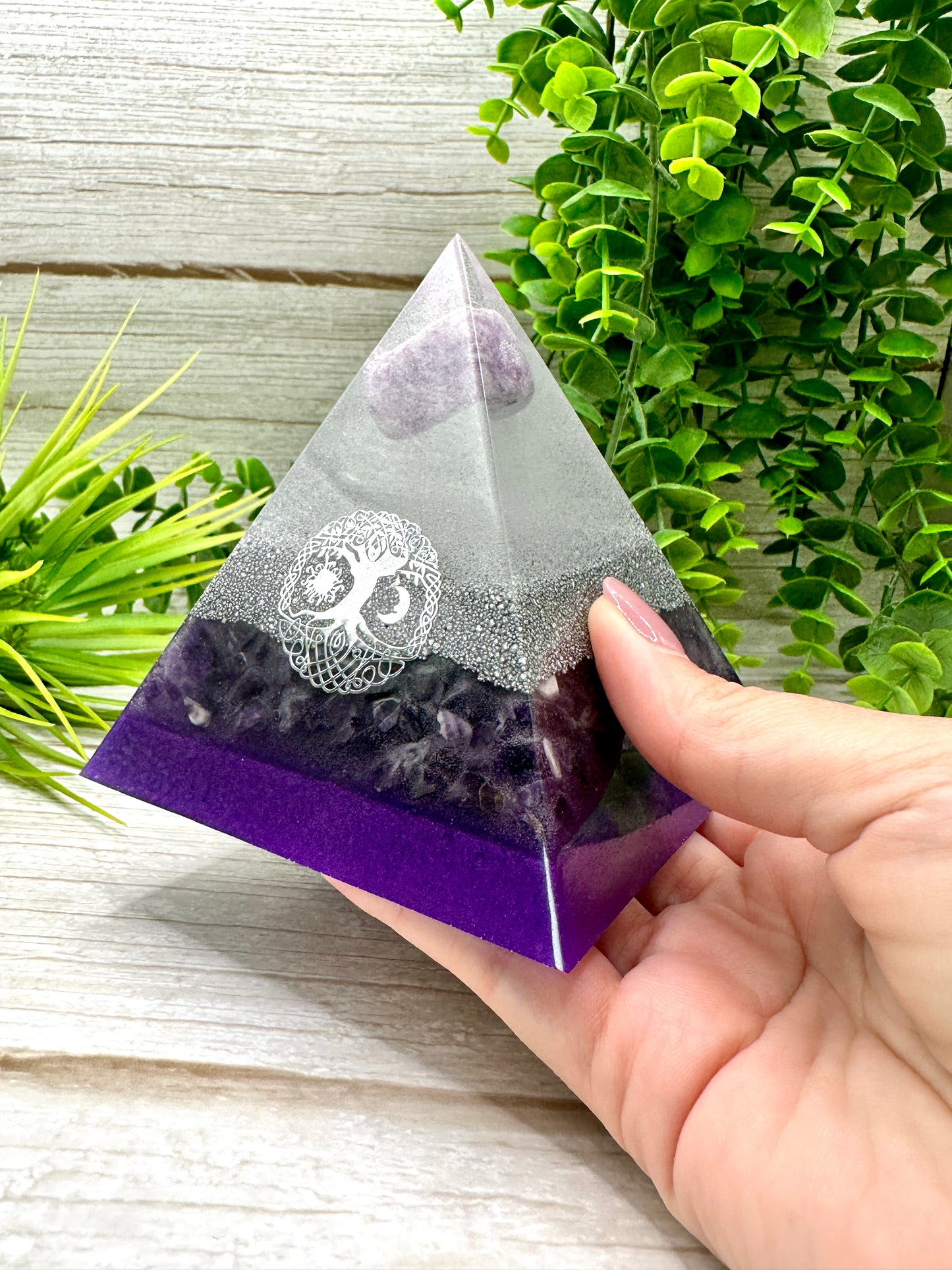 SLEEP & RELAXATION - Beginners Series - Orgonite Pyramid - EMF Protector - Lepidolite, Amethyst Crystal and Aluminum Metals