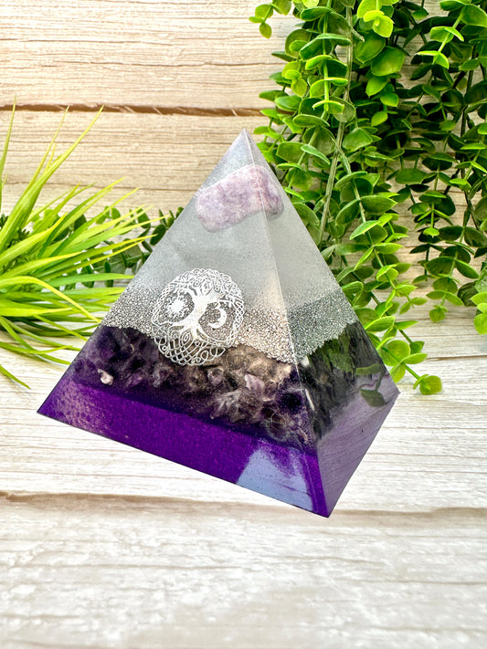 SLEEP & RELAXATION - Beginners Series  - Orgonite Pyramid - EMF Protector - Lepidolite, Amethyst Crystal and Aluminum Metals