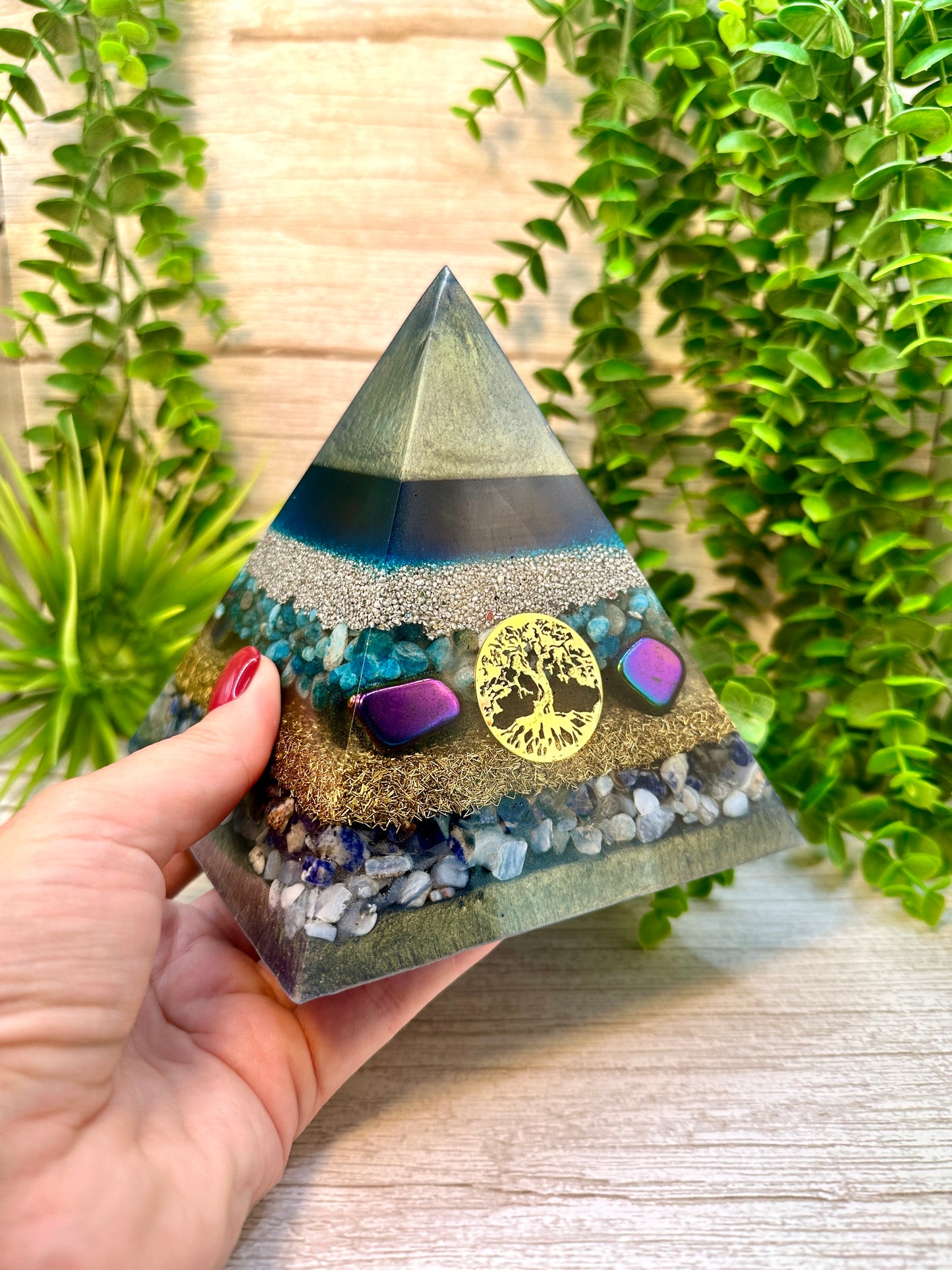 NATHAN - Orgonite Pyramid - EMF Protector - Blue Apatite, Rainbow Hematite, Sodalite and Blue Lace Agate with Aluminum & Brass Metals