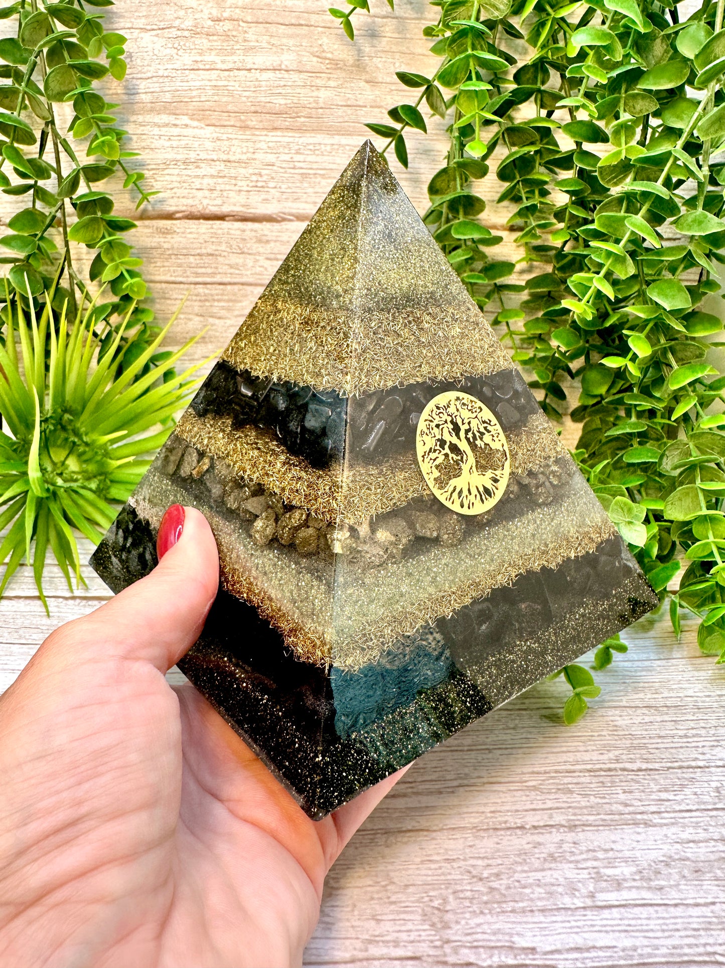 JASPER - Orgonite Pyramid - EMF Protector - Shungite, Pyrite, Black Obsidian & Brass Metals