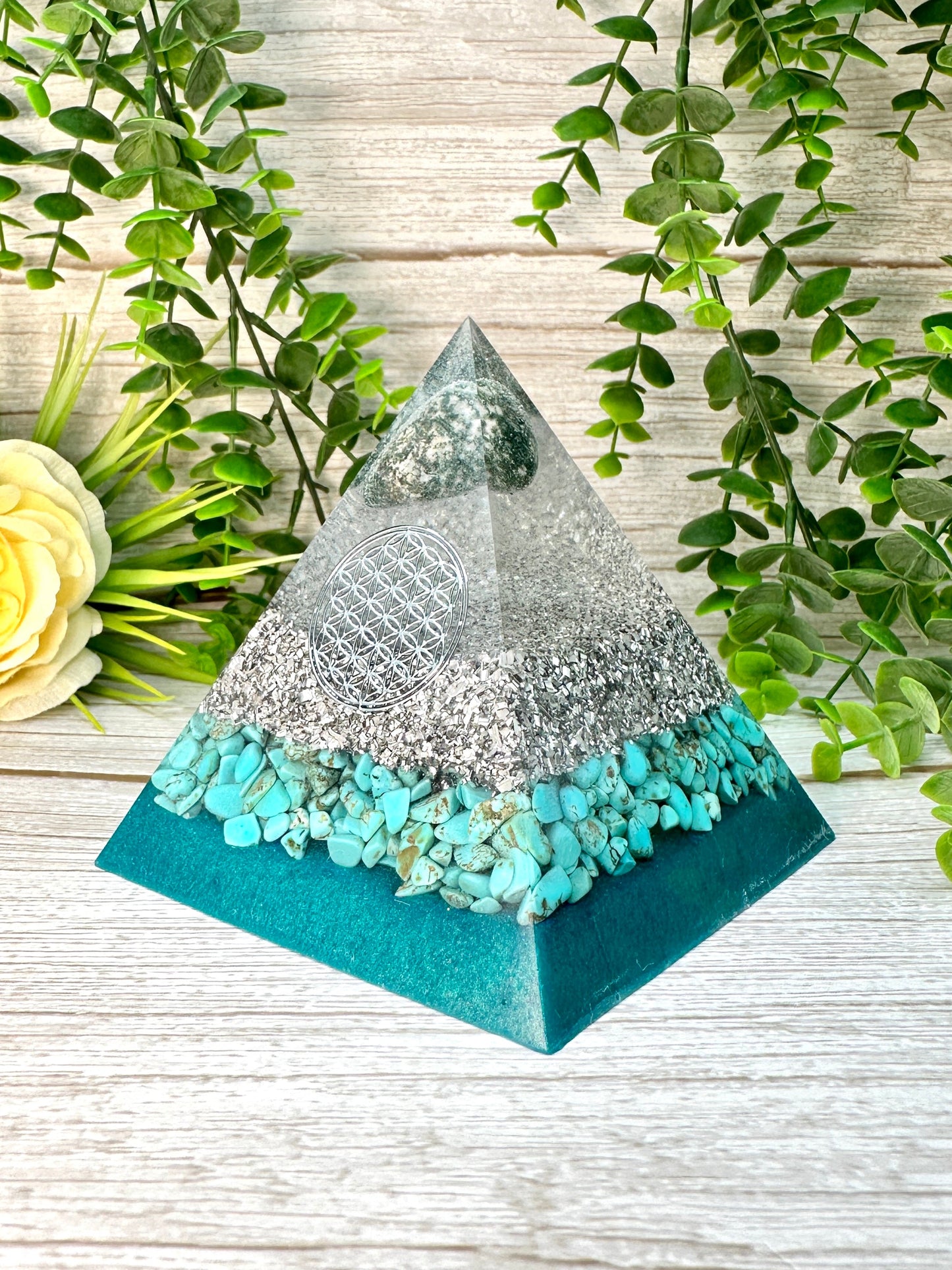 INTUITION - Beginners Series - Orgonite Pyramid - EMF Protector - Tree Agate and Turquoise with Aluminum Metals