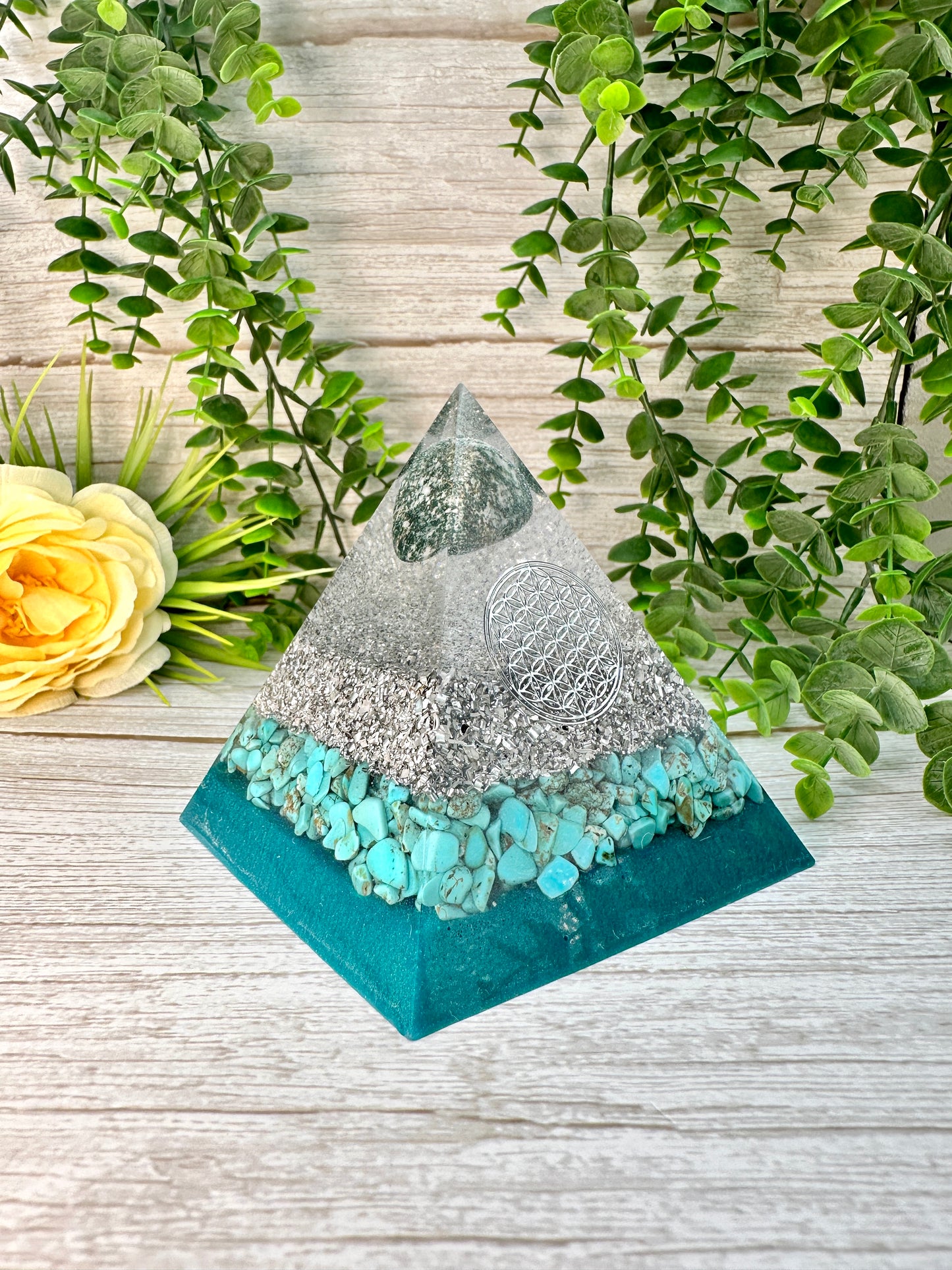 INTUITION - Beginners Series - Orgonite Pyramid - EMF Protector - Tree Agate and Turquoise with Aluminum Metals