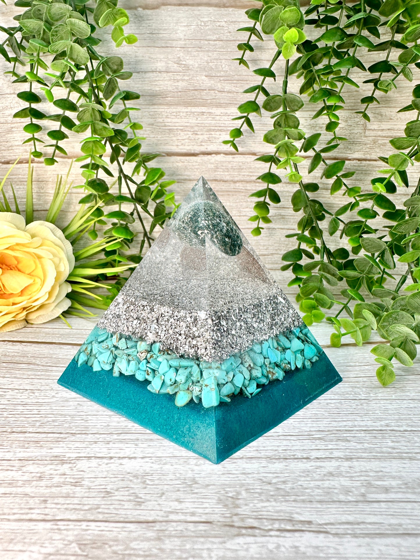 INTUITION - Beginners Series - Orgonite Pyramid - EMF Protector - Tree Agate and Turquoise with Aluminum Metals