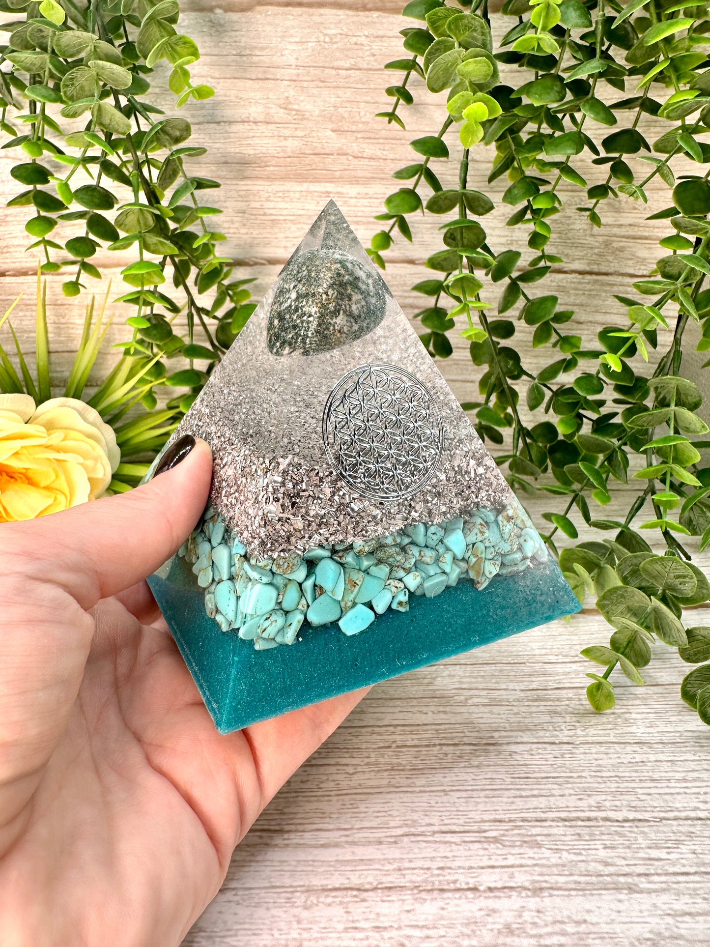 INTUITION - Beginners Series - Orgonite Pyramid - EMF Protector - Tree Agate and Turquoise with Aluminum Metals