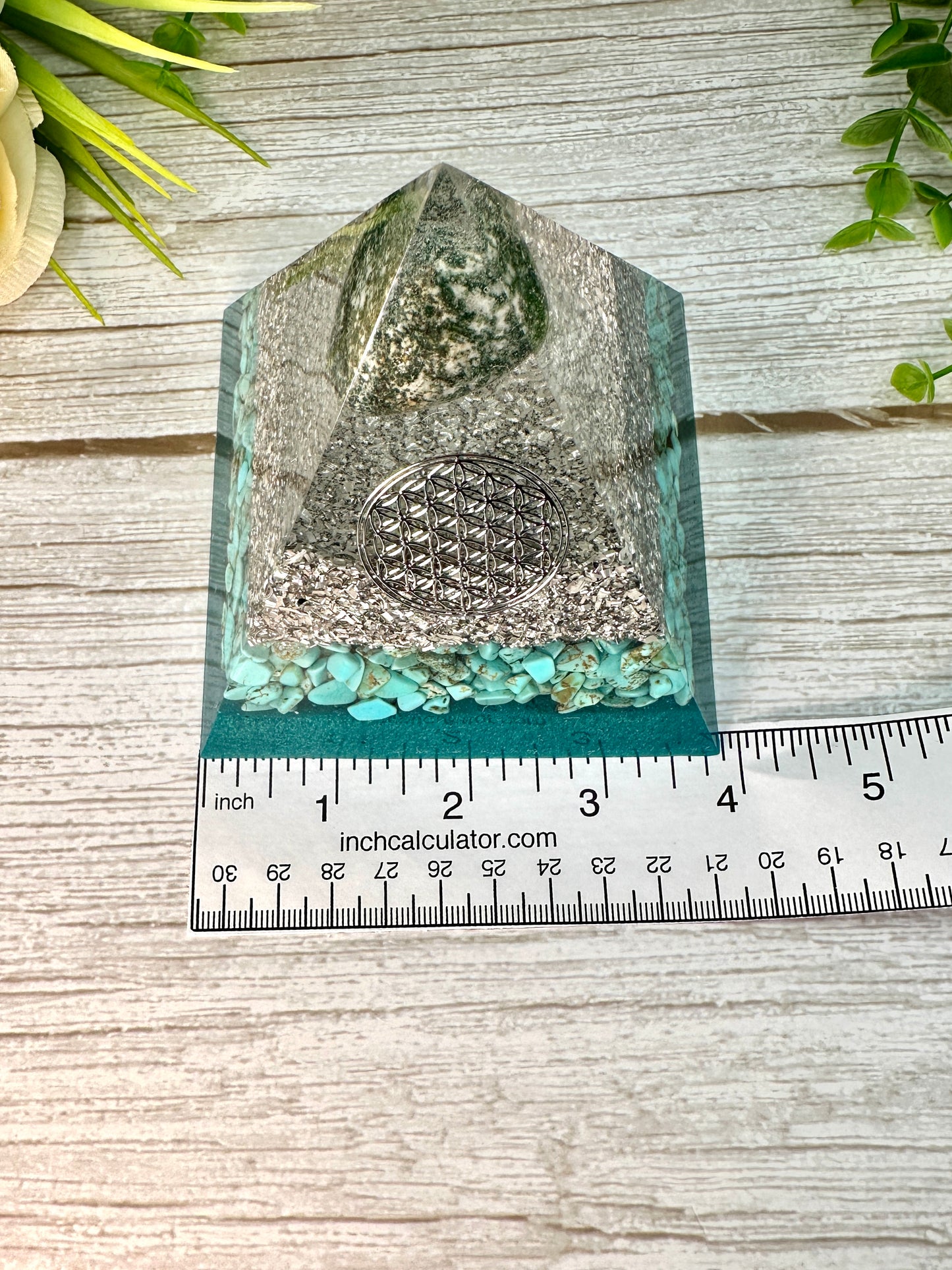 INTUITION - Beginners Series - Orgonite Pyramid - EMF Protector - Tree Agate and Turquoise with Aluminum Metals