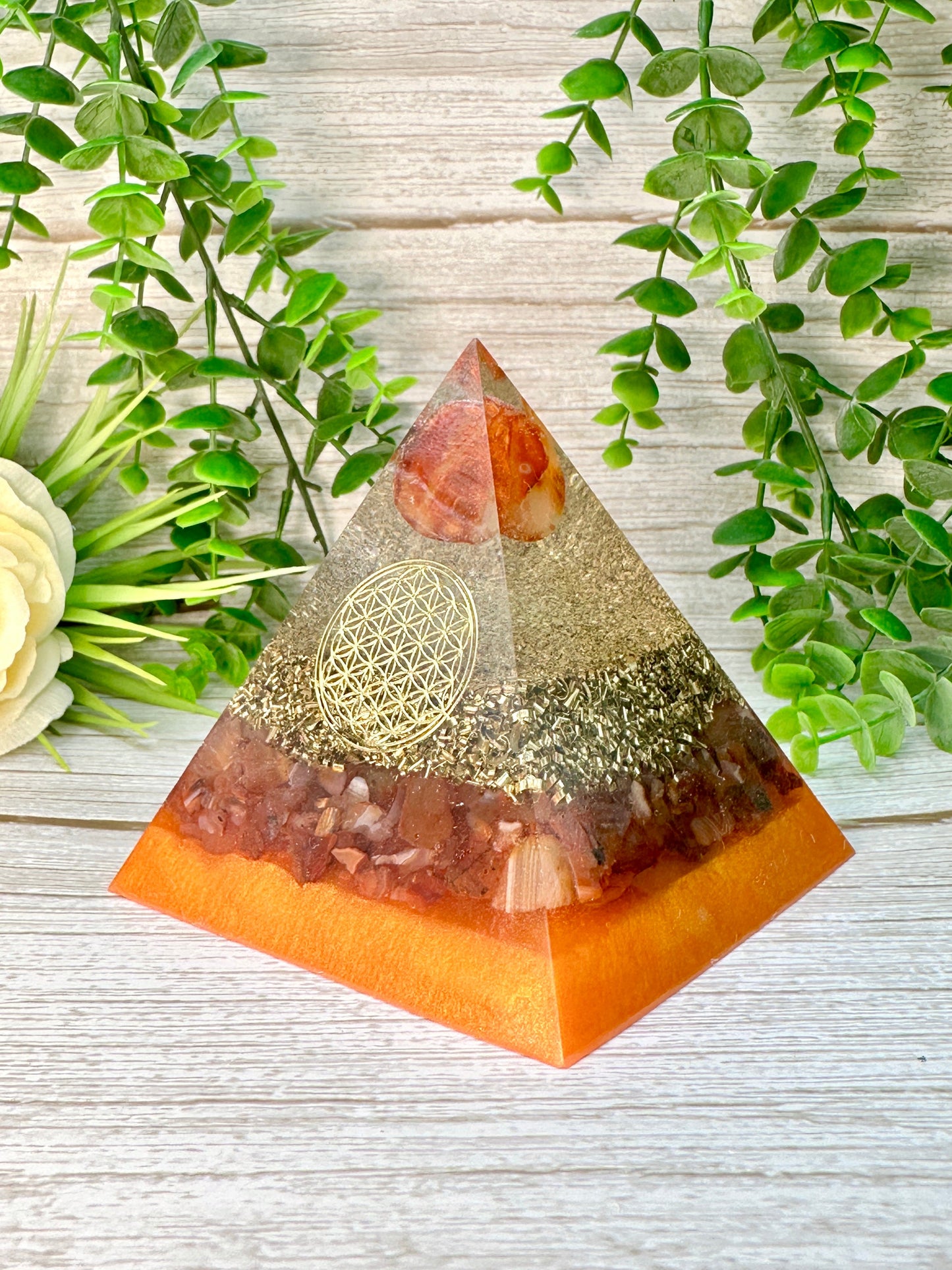 ENERGY- Beginners Series - Orgonite Pyramid - EMF Protector - Fire Agate and Carnelian with Brass Metals