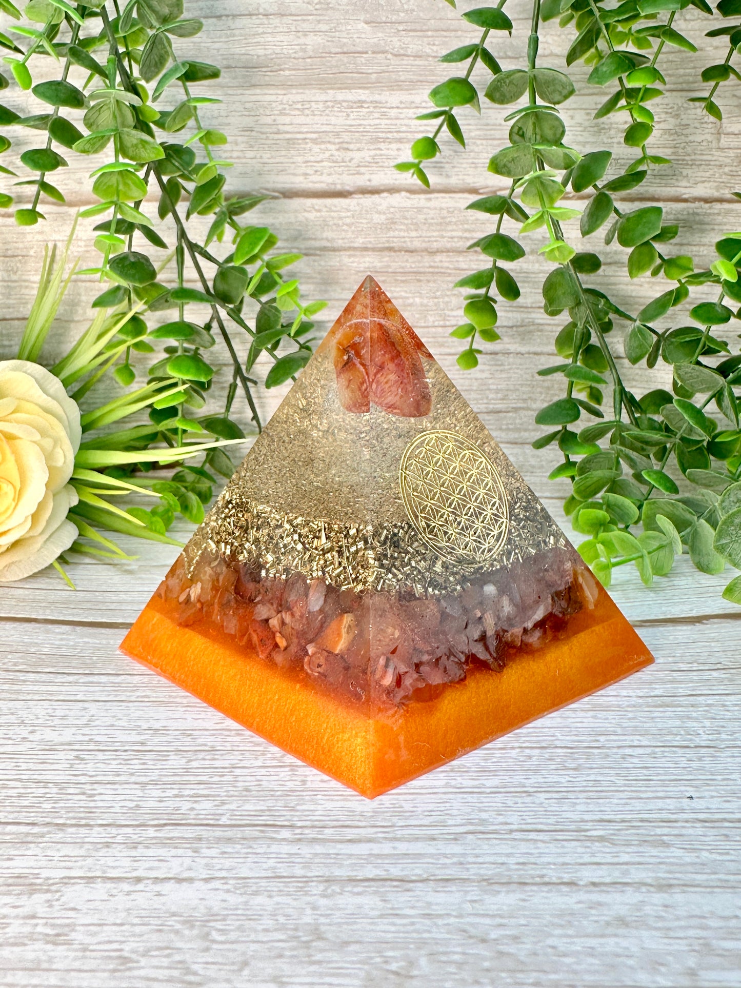 ENERGY- Beginners Series - Orgonite Pyramid - EMF Protector - Fire Agate and Carnelian with Brass Metals