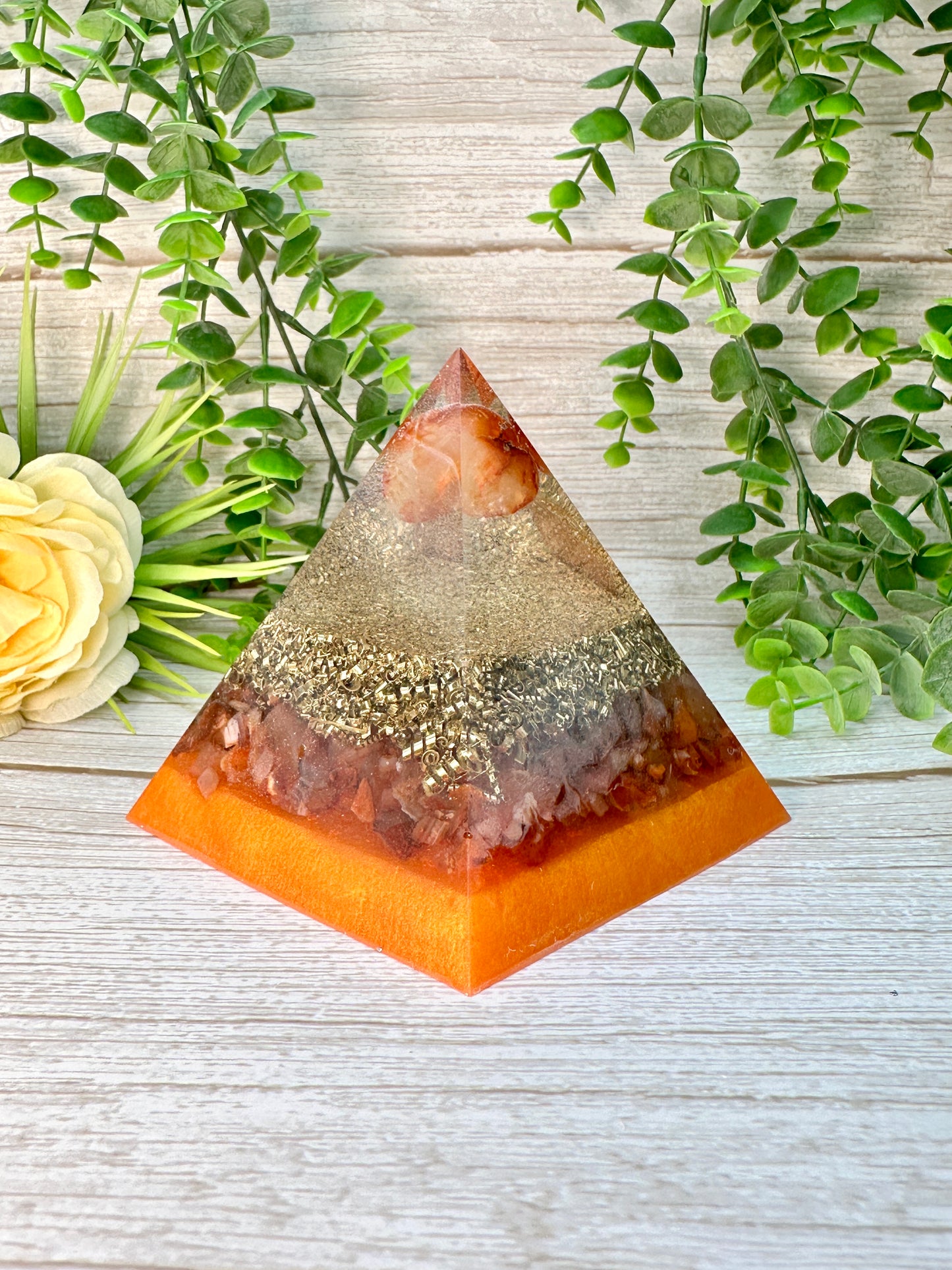 ENERGY- Beginners Series - Orgonite Pyramid - EMF Protector - Fire Agate and Carnelian with Brass Metals