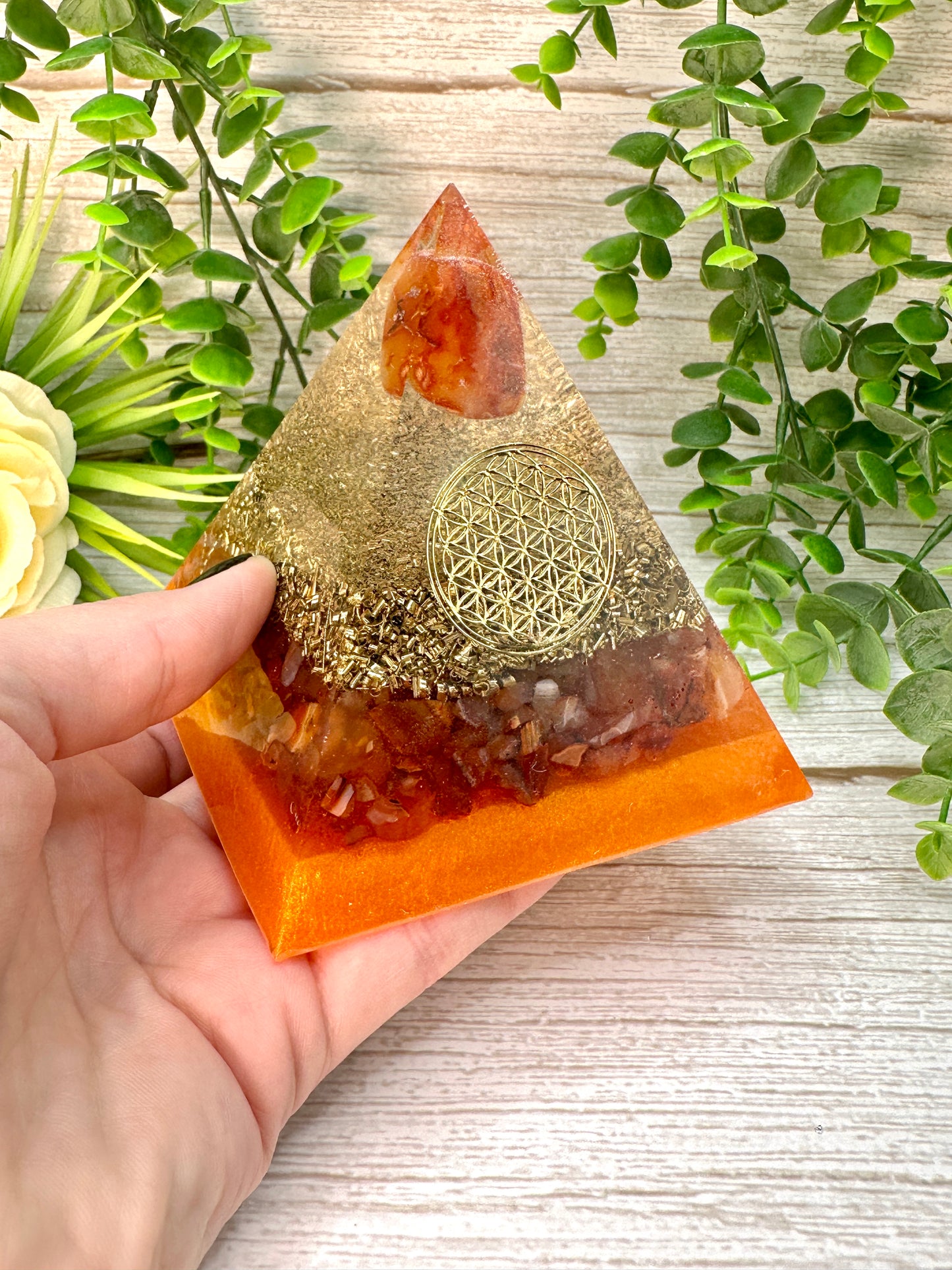 ENERGY- Beginners Series - Orgonite Pyramid - EMF Protector - Fire Agate and Carnelian with Brass Metals