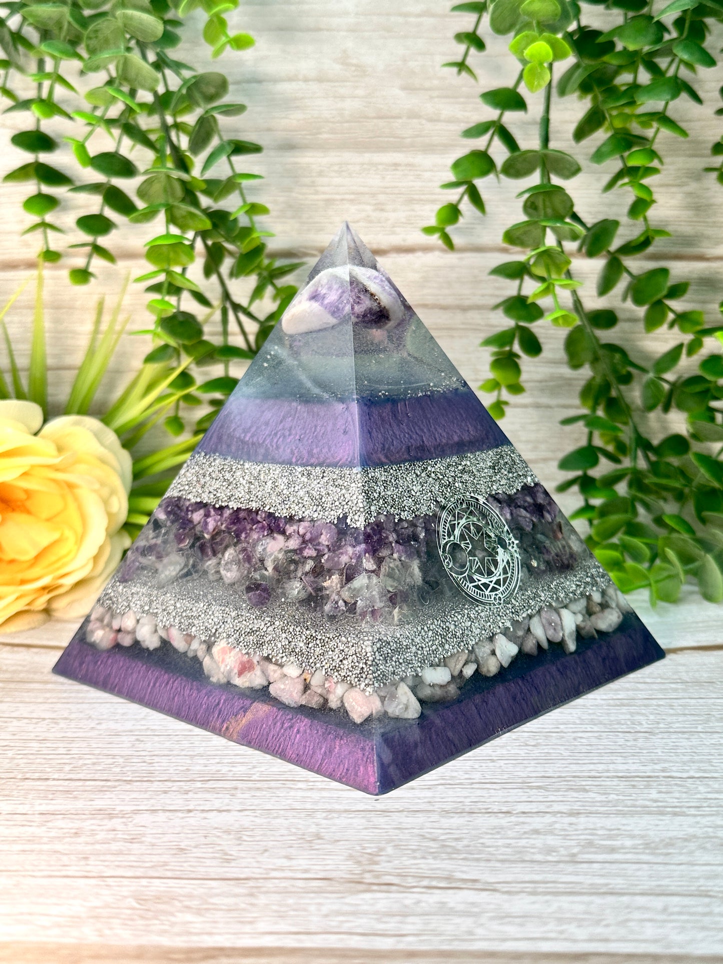 ELISA - Orgonite Pyramid - EMF Protector - Amethyst, Lepidolite, Pink Tourmaline, Rainbow Fluorite and Aluminum Metals