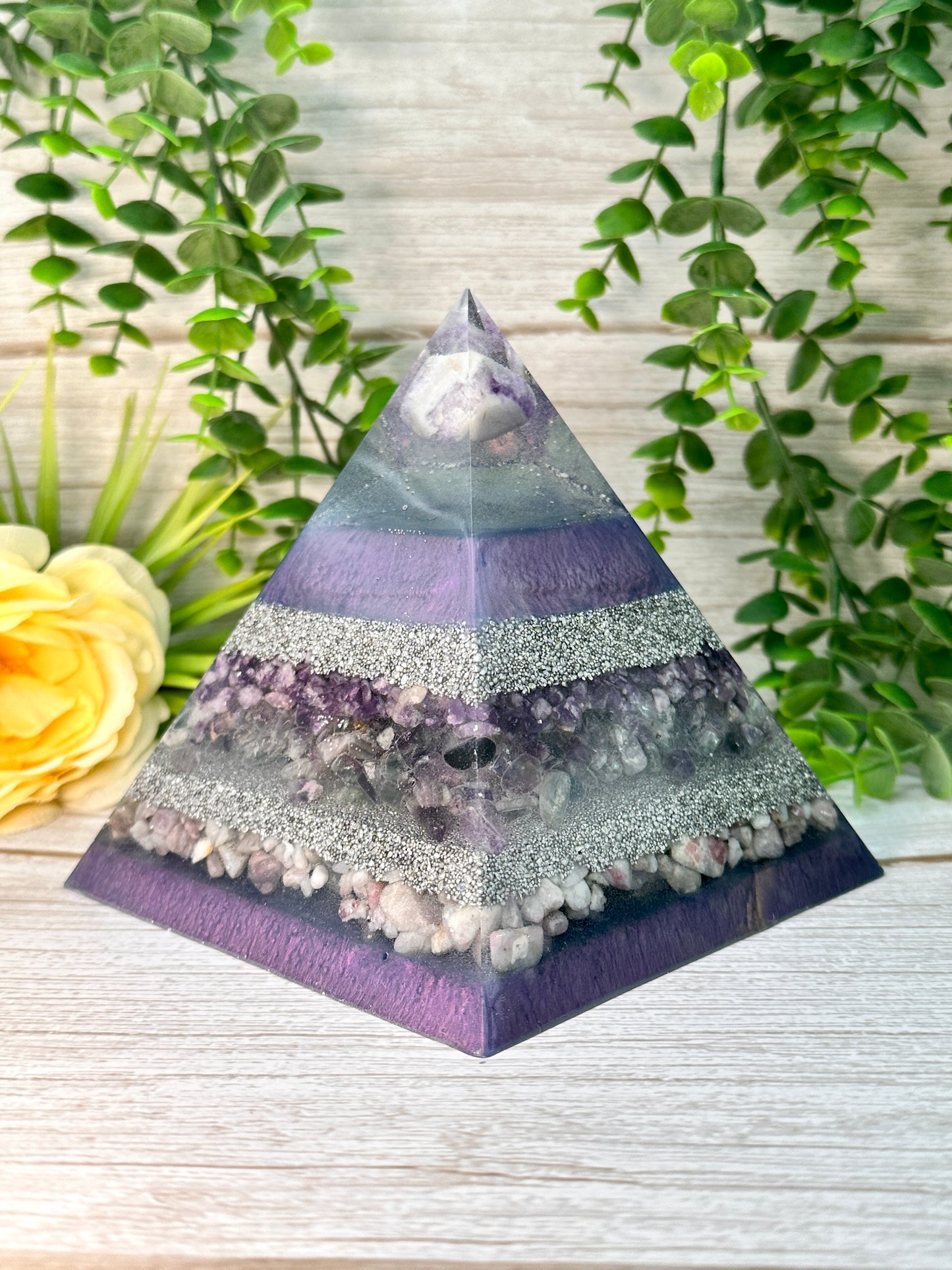 ELISA - Orgonite Pyramid - EMF Protector - Amethyst, Lepidolite, Pink Tourmaline, Rainbow Fluorite and Aluminum Metals