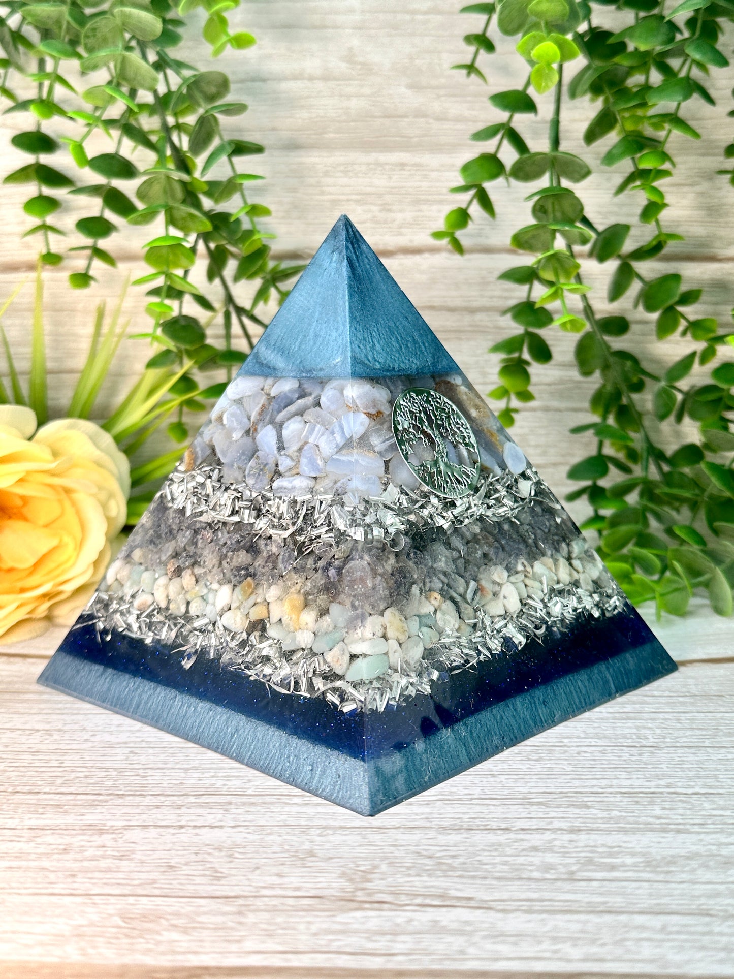 PATRICIA - Orgonite Pyramid - EMF Protector - Blue Chalcedony, Iolite, Amazonite and Aluminum Metals