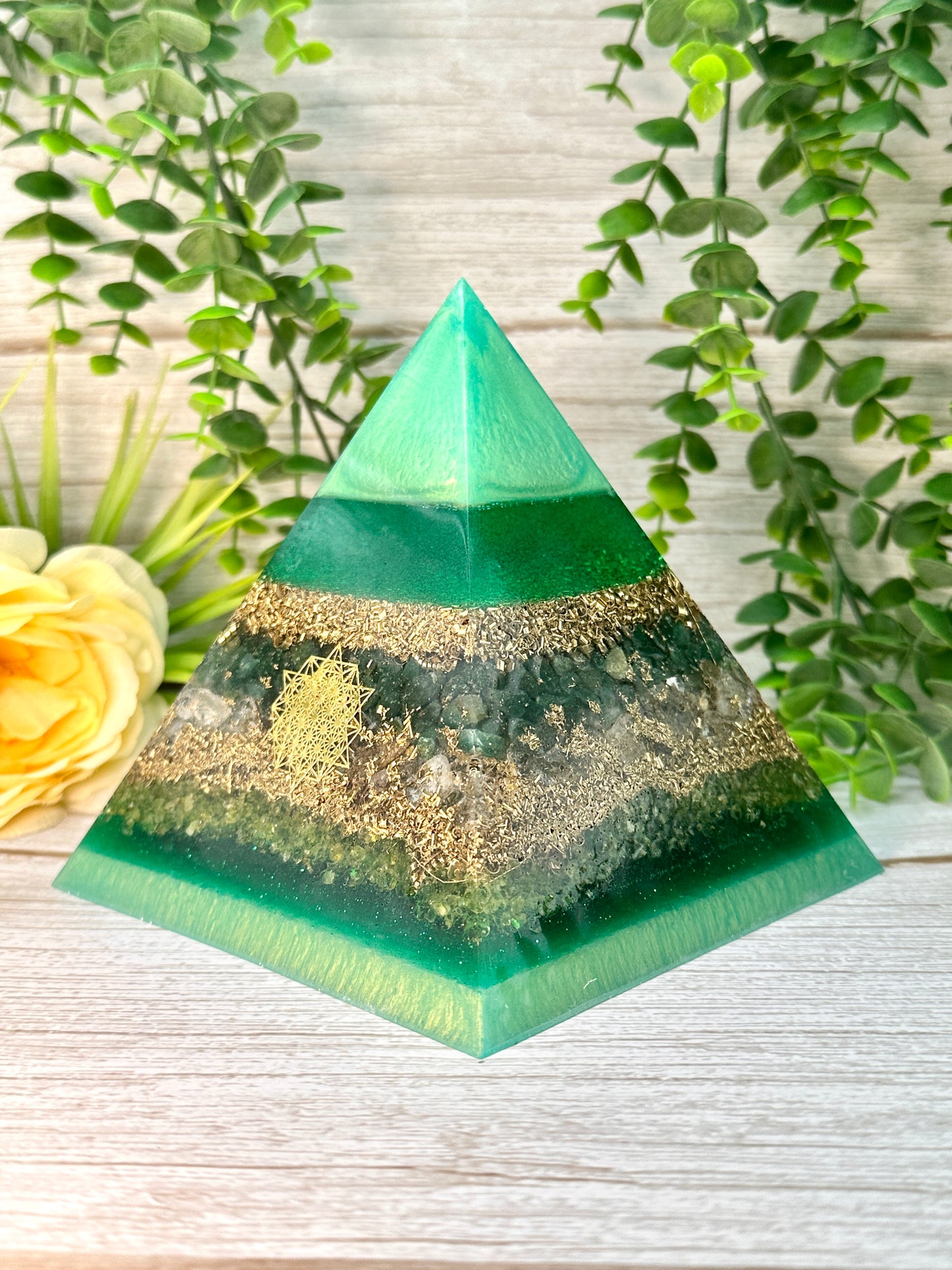 RACHEL - Orgonite Pyramid - EMF Protector - Emerald, Lemon Topaz, Peridot and Brass Metals